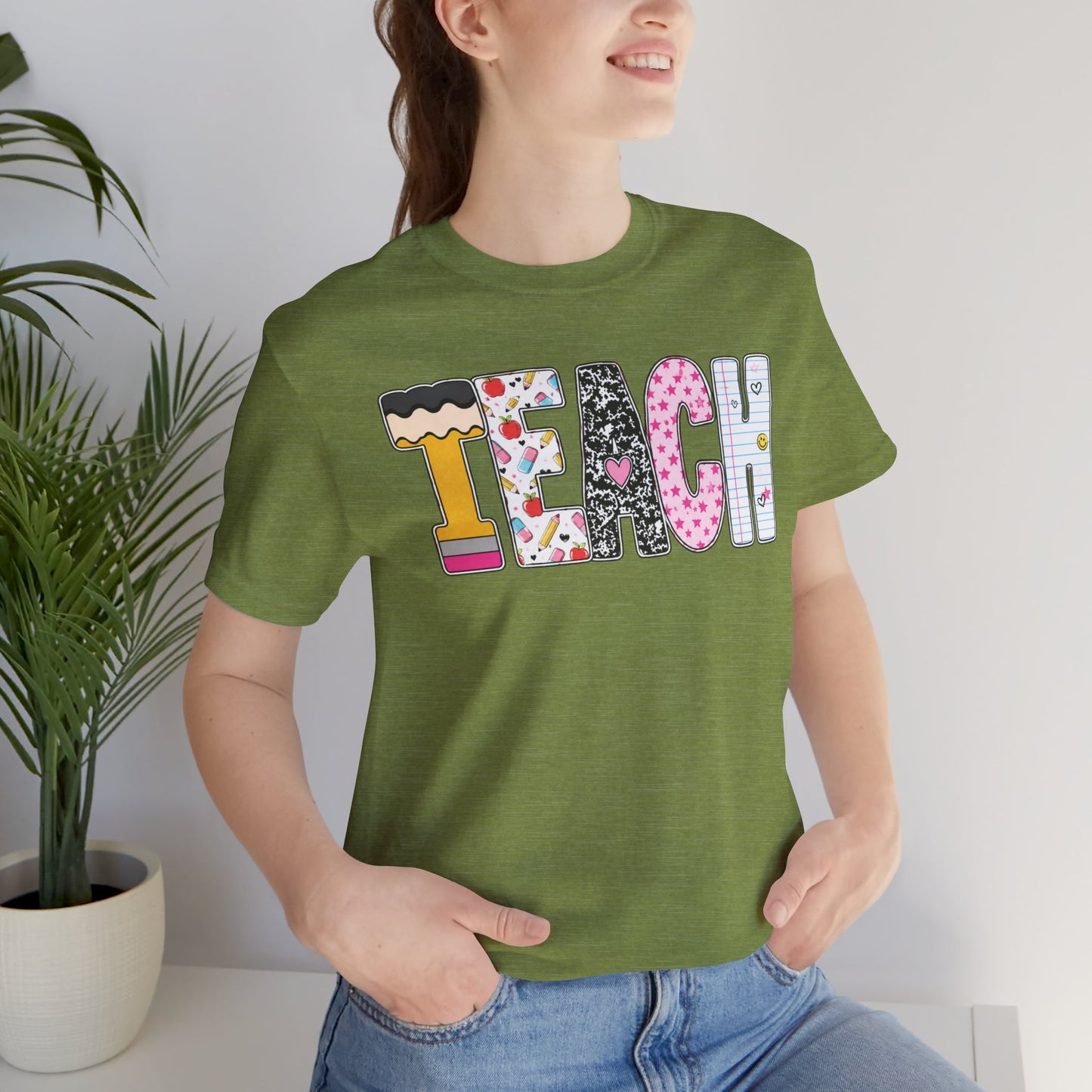 Teach Colorblock Graphic Tee – Cute Patterned Teacher T-Shirt