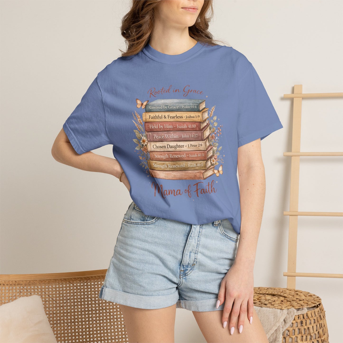 Mama of Faith Book Stack T‑Shirt — Rooted in Grace Christian Mother's Tee
