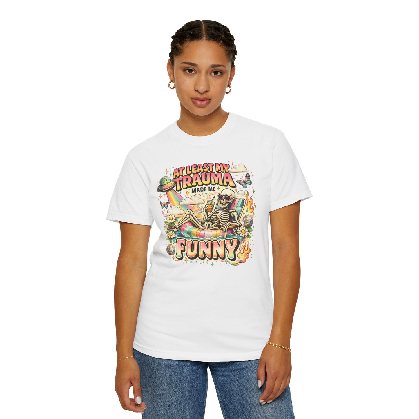 Funny Skeleton Graphic T-Shirt — "At Least My Trauma Made Me Funny"