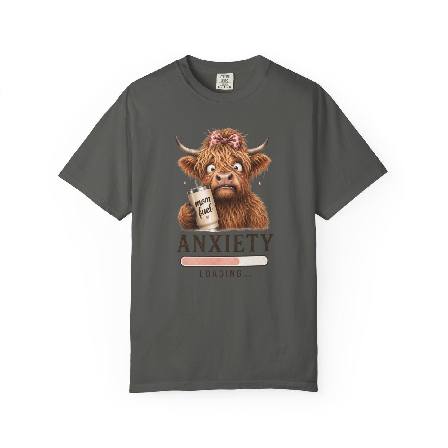 Anxiety Loading T-Shirt — Cute Highland Cow with 'Mom Fuel' Mug