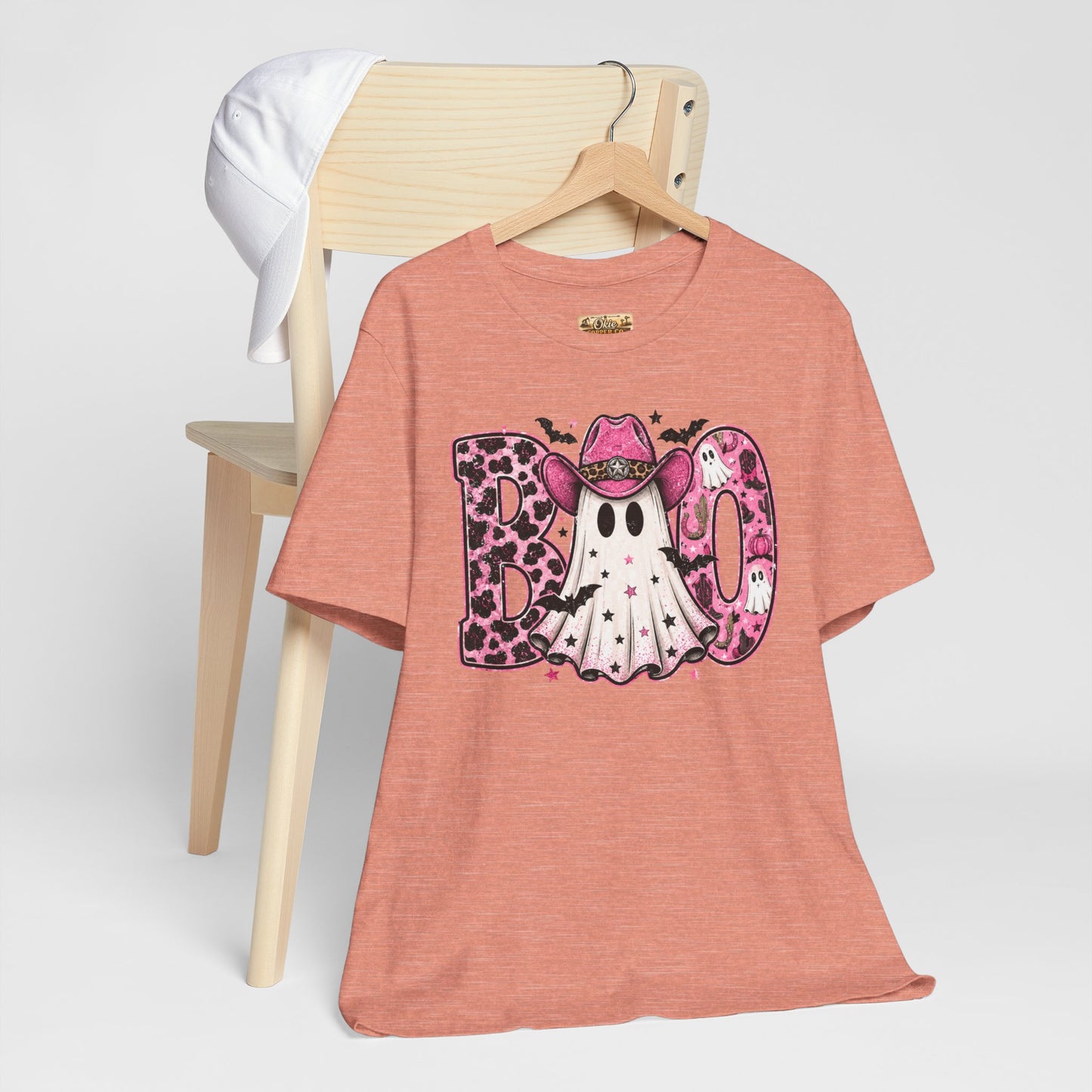 Boo Pink Leopard Ghost Tee — Cute Cowgirl Halloween T-Shirt