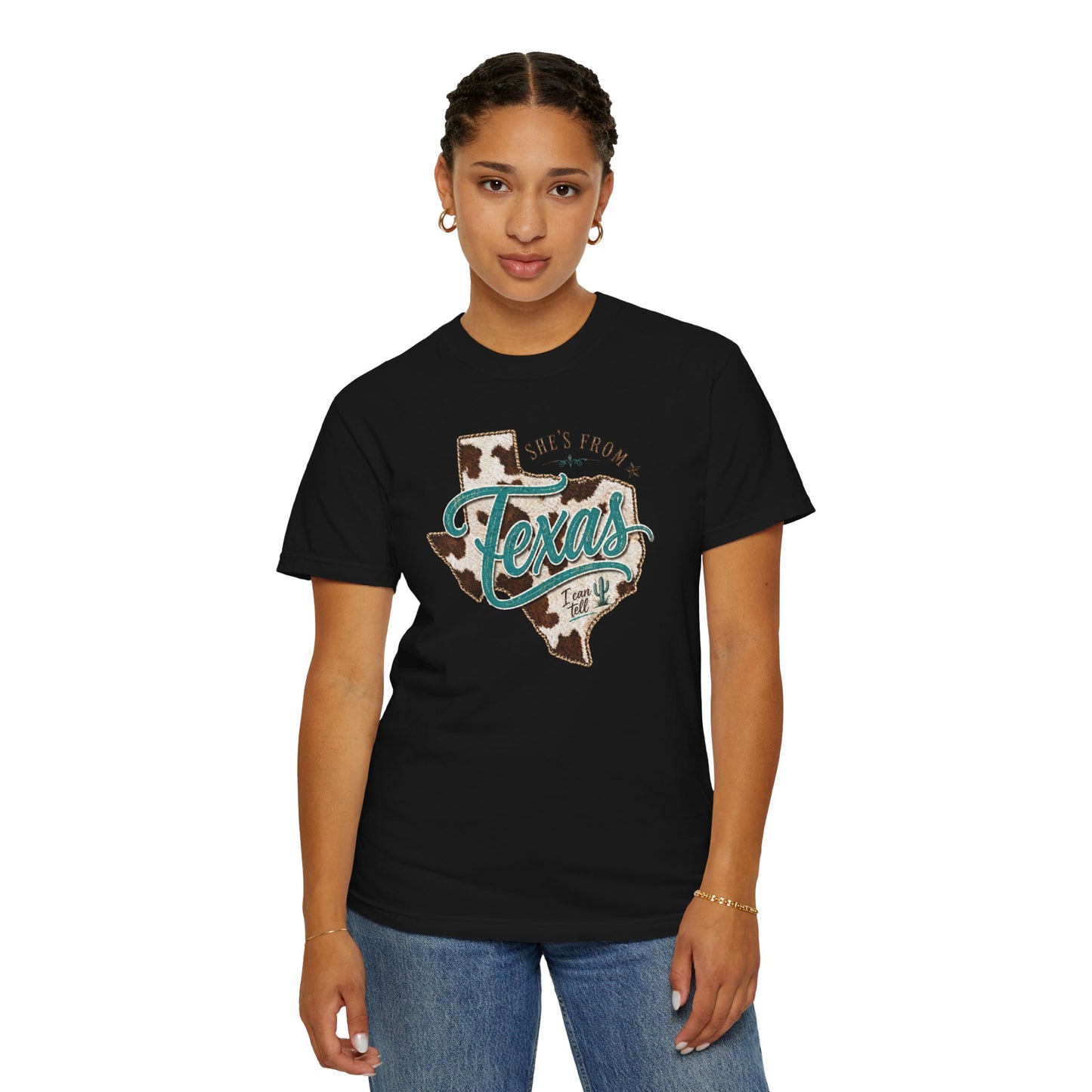 Texas Cowhide Graphic T-Shirt — "She's From Texas" Retro Western Tee