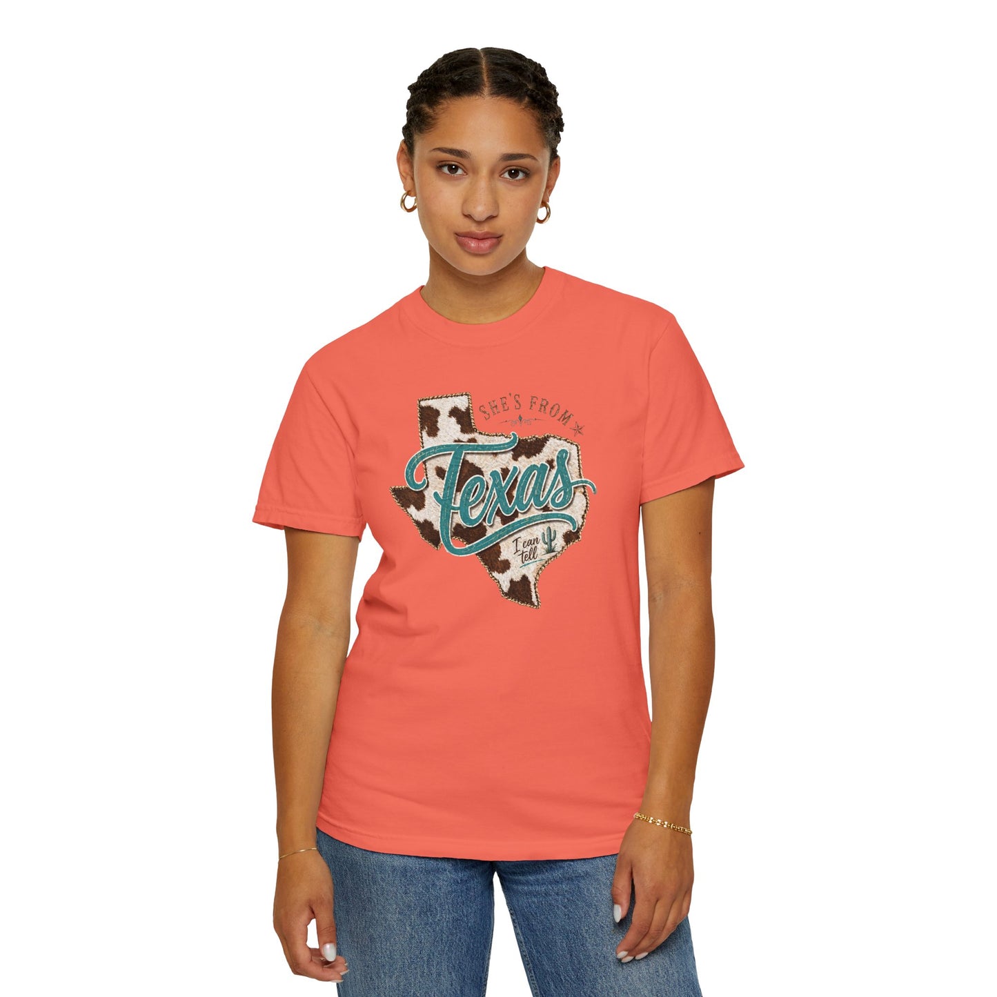 Texas Cowhide Graphic T-Shirt — "She's From Texas" Retro Western Tee