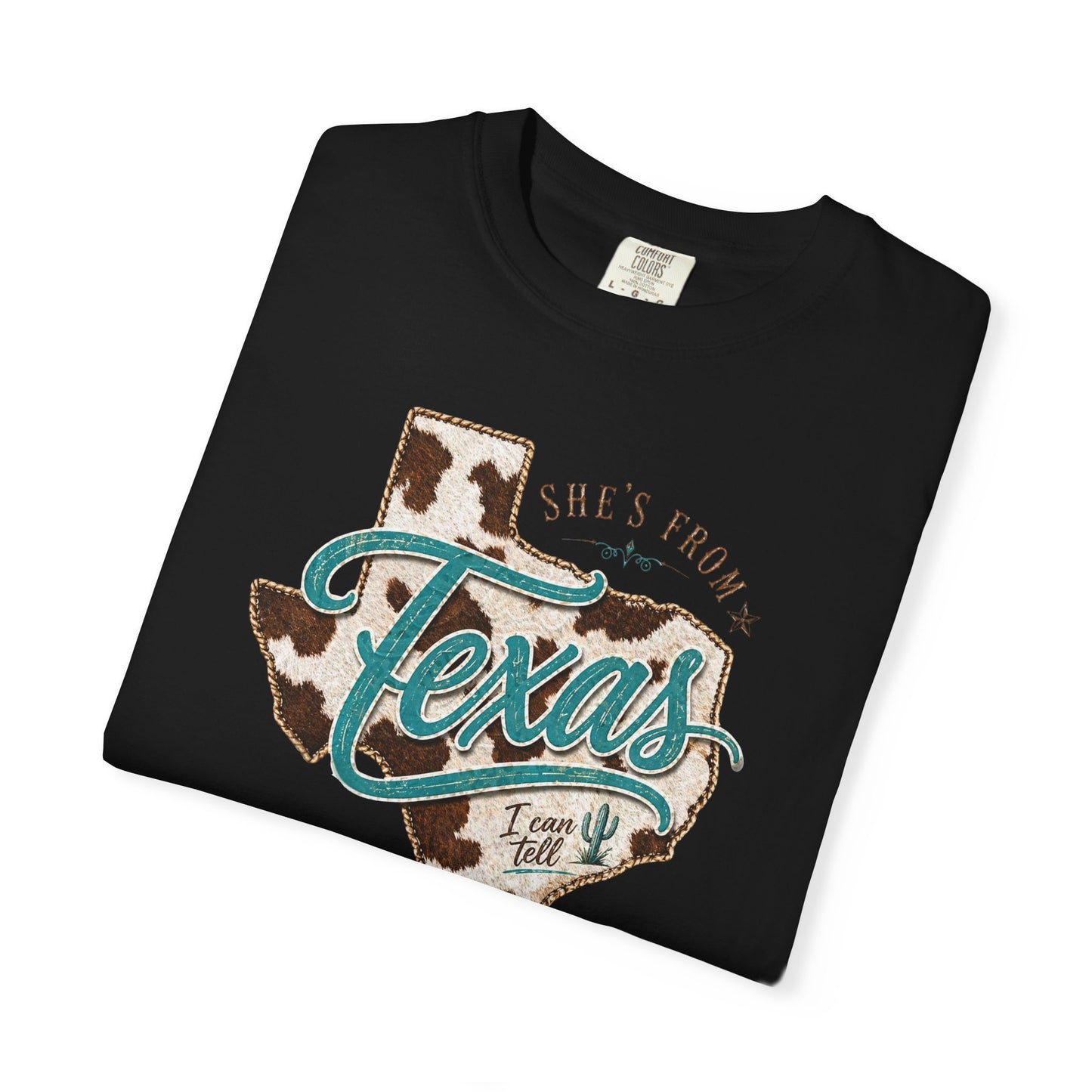 Texas Cowhide Graphic T-Shirt — "She's From Texas" Retro Western Tee
