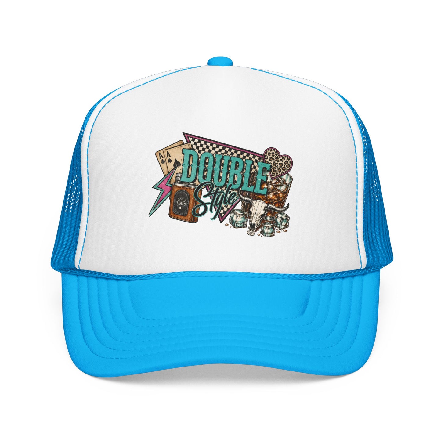 Double Shot Retro Foam Trucker Hat — Vintage Neon Coffee & Camera Patch