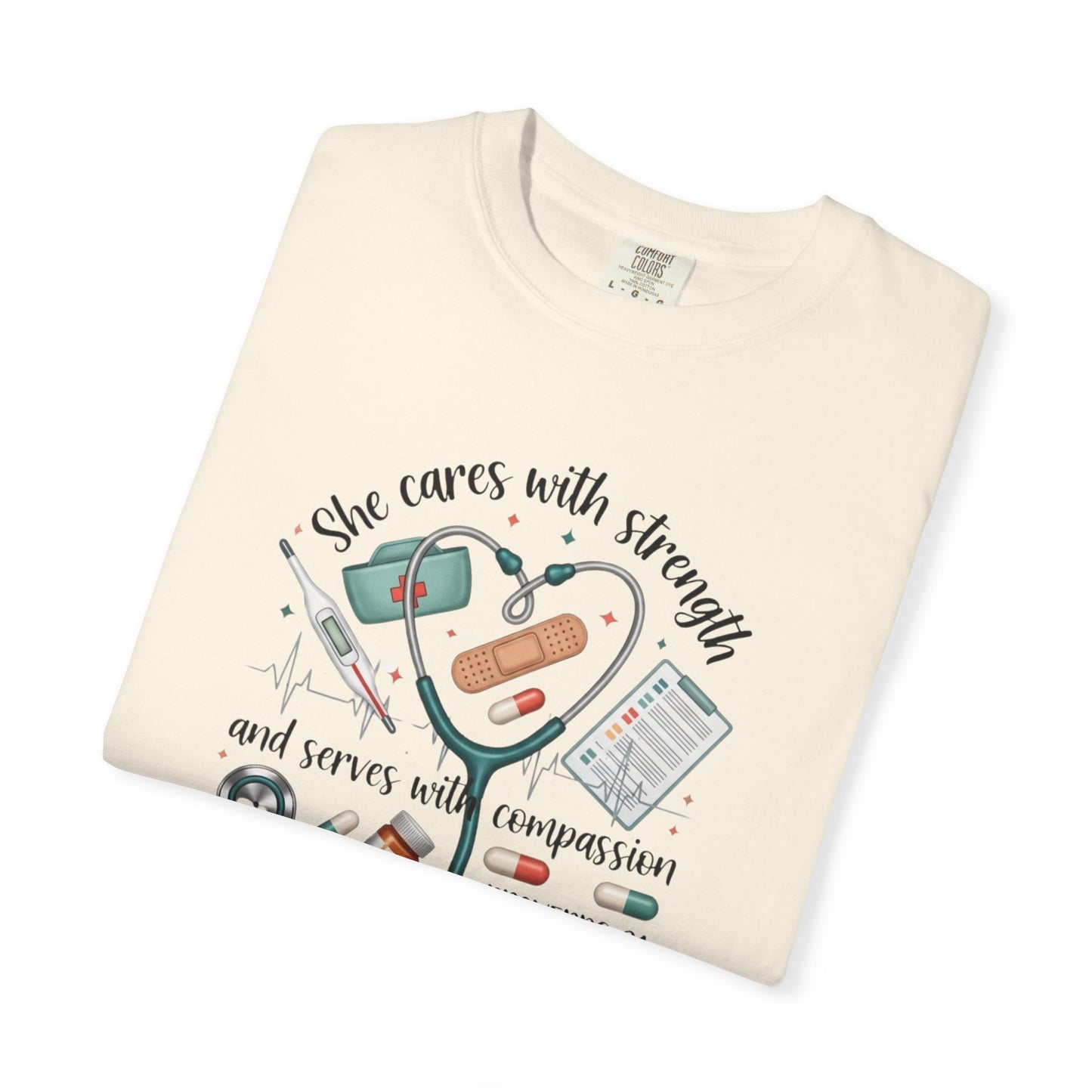 Nurse Heartbeat Graphic T-Shirt — "She Cares with Strength" Psalm 31 Christian Tee