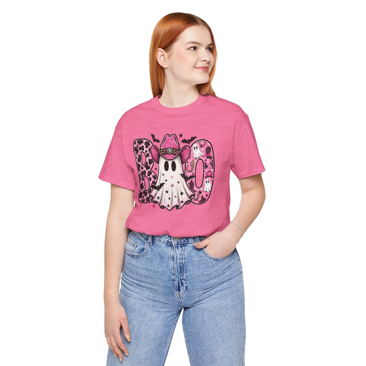 Boo Pink Leopard Ghost Tee — Cute Cowgirl Halloween T-Shirt