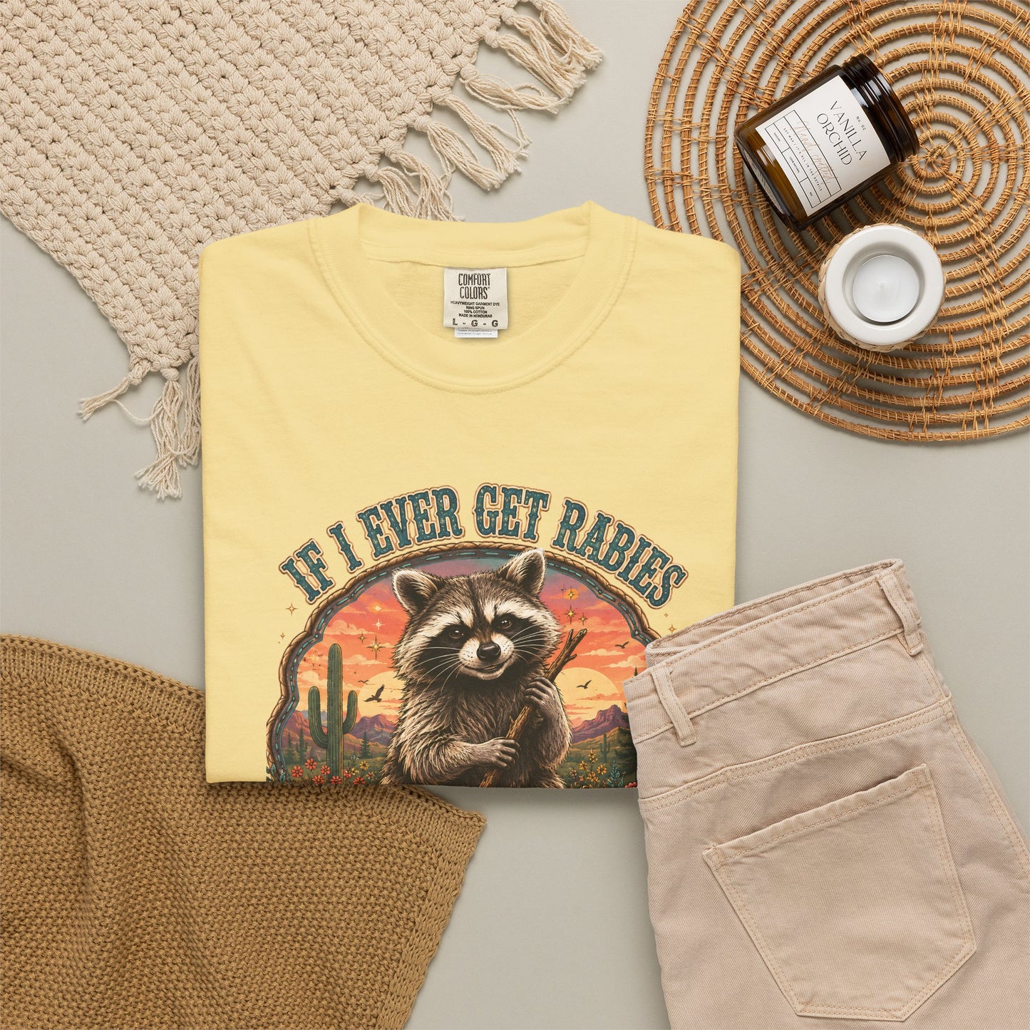 Raccoon Sunset T‑Shirt — “If I Ever Get Riches You’re High On My Bitin’ List” Funny Retro Graphic Tee