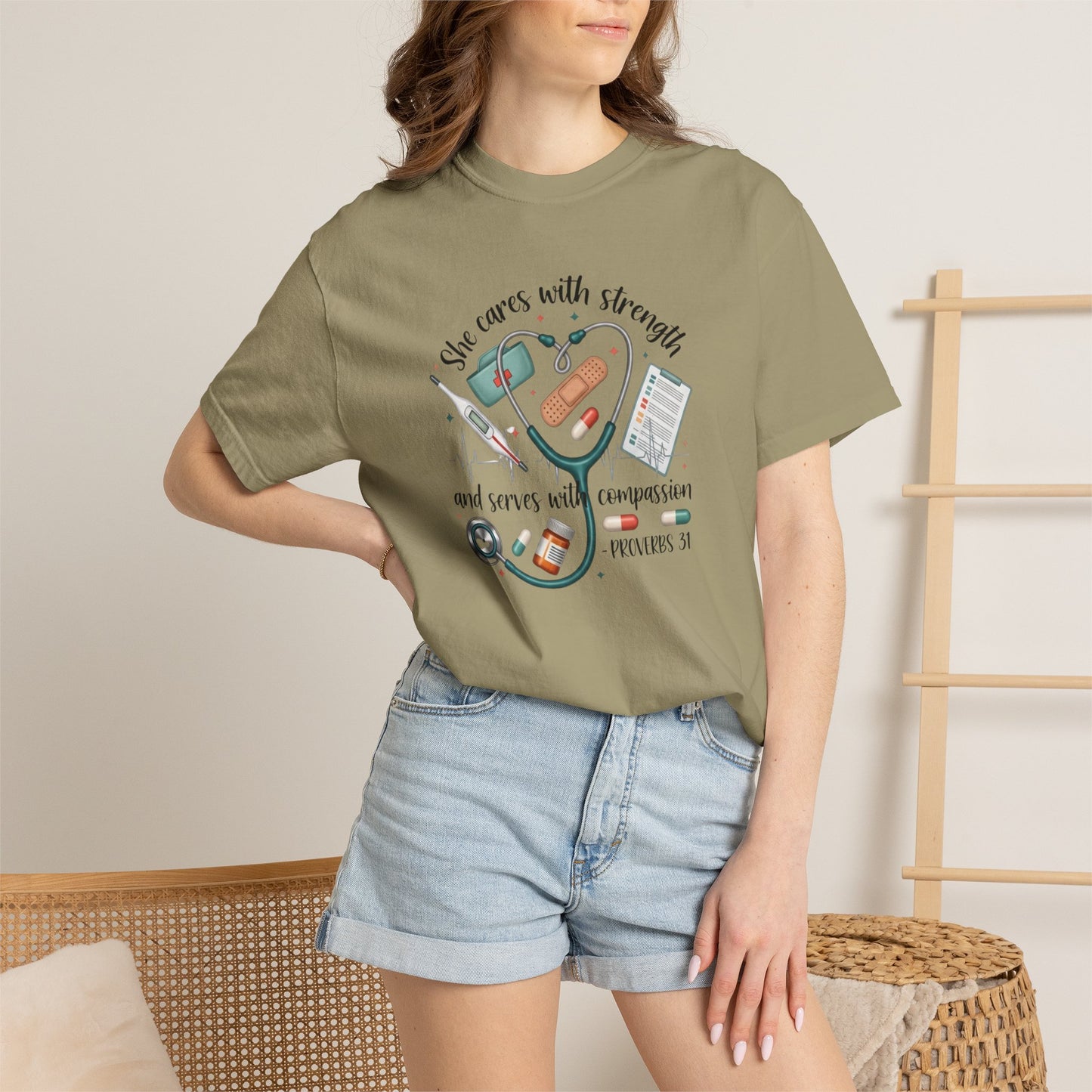 Nurse Heartbeat Graphic T-Shirt — "She Cares with Strength" Psalm 31 Christian Tee