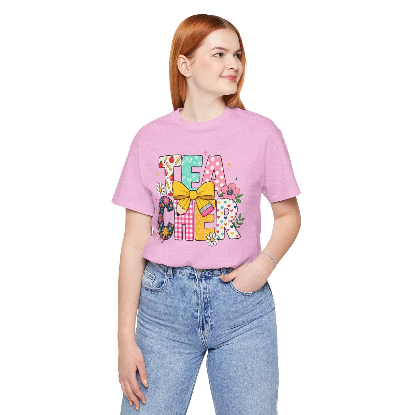 Teacher Floral Bow T-Shirt — Cute 'Teach er' Colorful School Shirt for Teachers