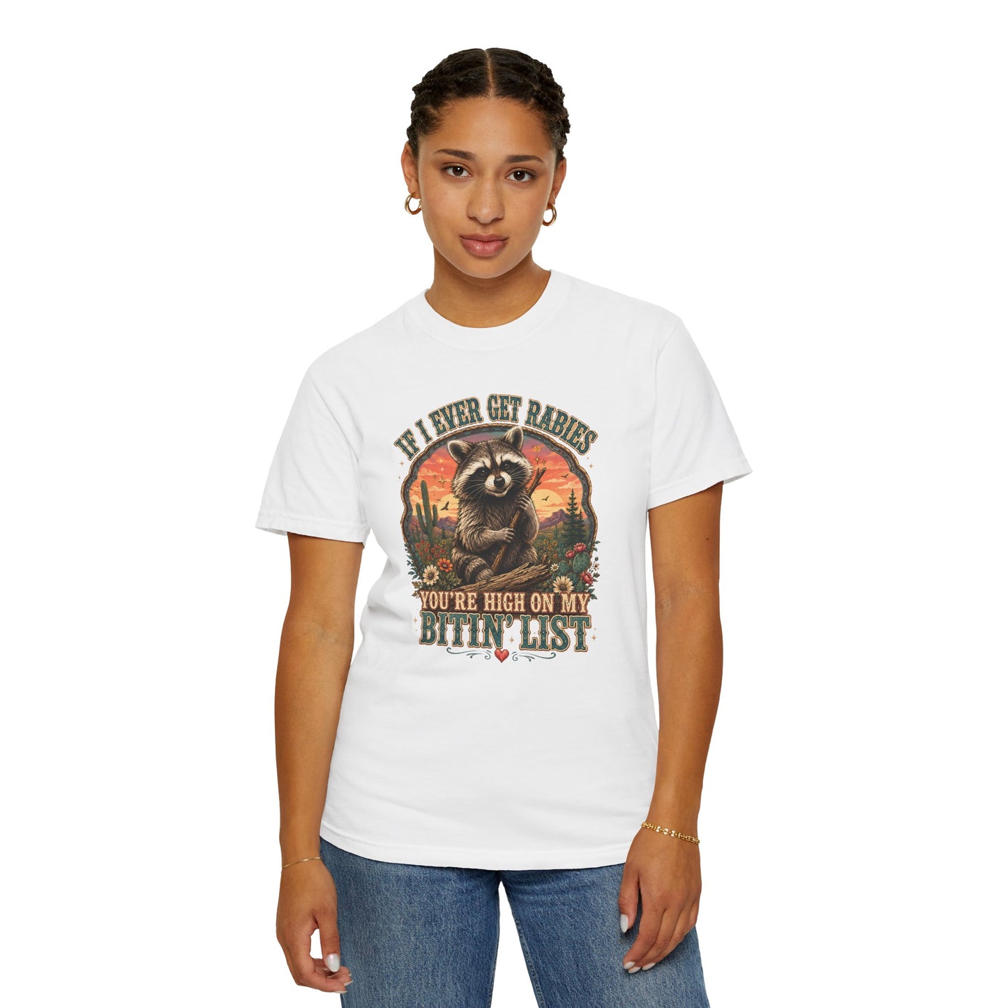Raccoon Sunset T‑Shirt — “If I Ever Get Riches You’re High On My Bitin’ List” Funny Retro Graphic Tee