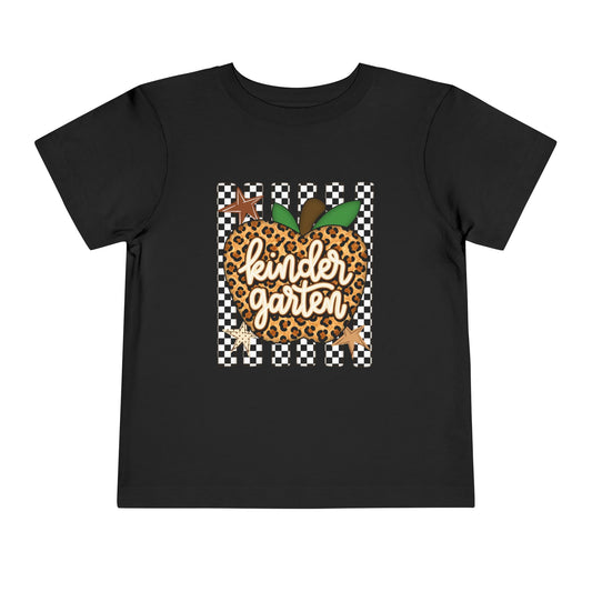 Kindergarten Leopard Apple Toddler Tee — Back-to-School Cute Checkered Shirt