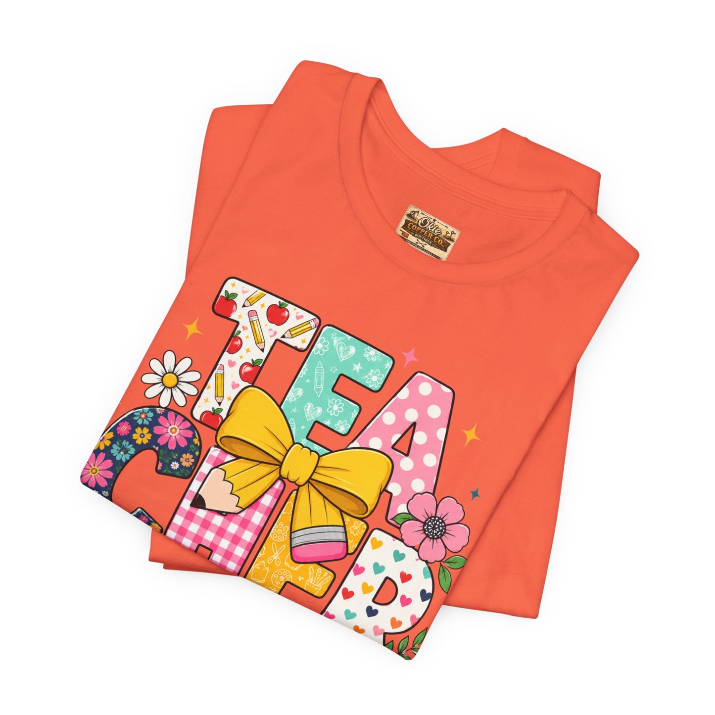 Teacher Floral Bow T-Shirt — Cute 'Teach er' Colorful School Shirt for Teachers