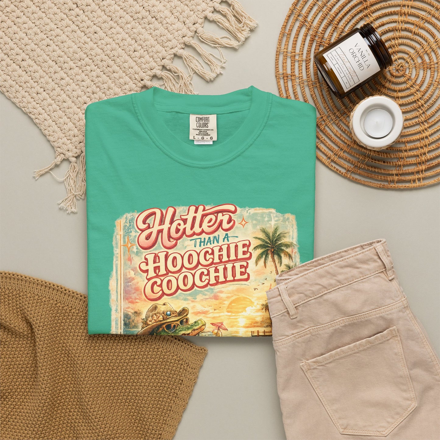 "Hotter Than a Hoochie Coochie" Retro Alligator Beach Graphic