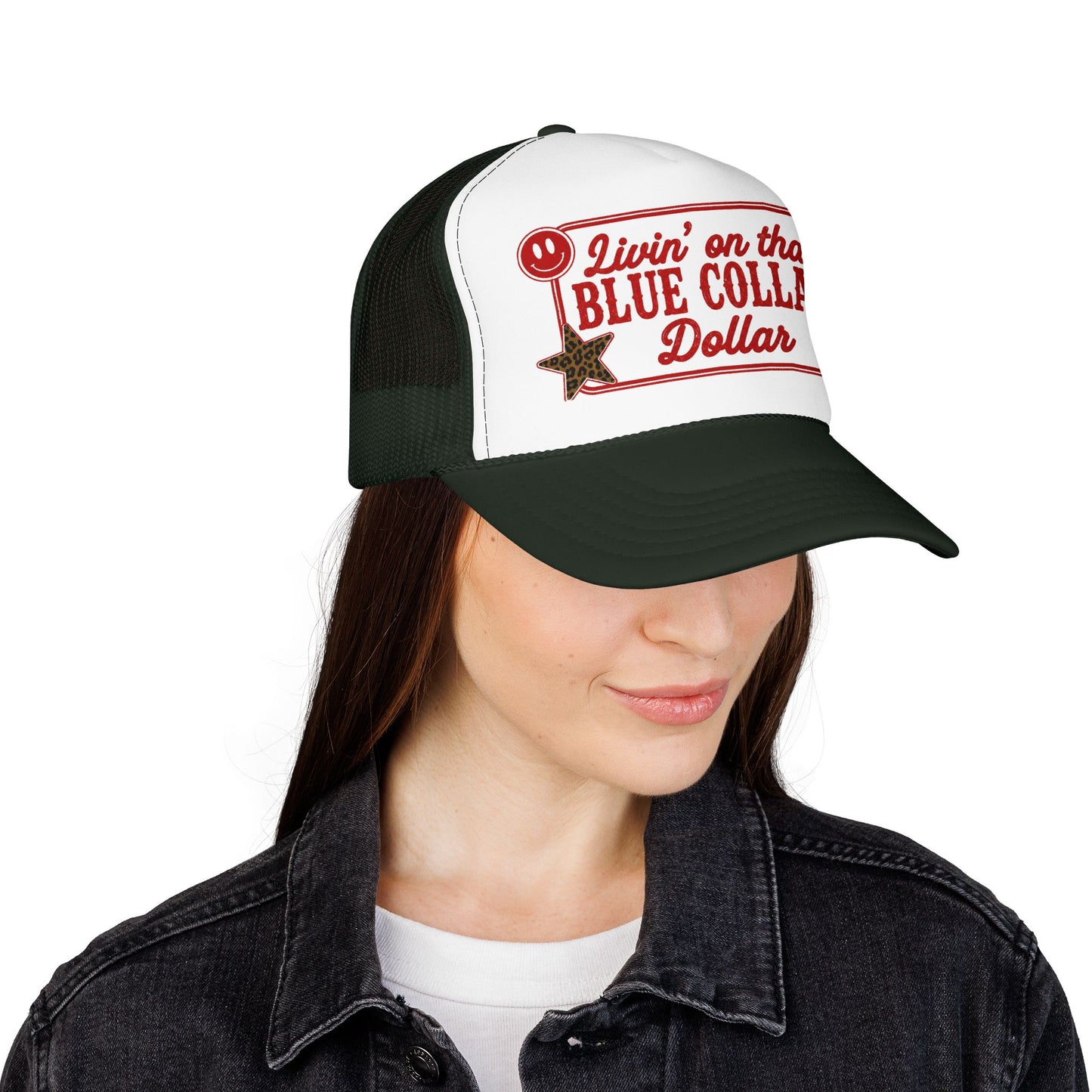 Livin' On That Blue Collar Dollar Foam Trucker Hat — Retro Workwear Cherry Patch