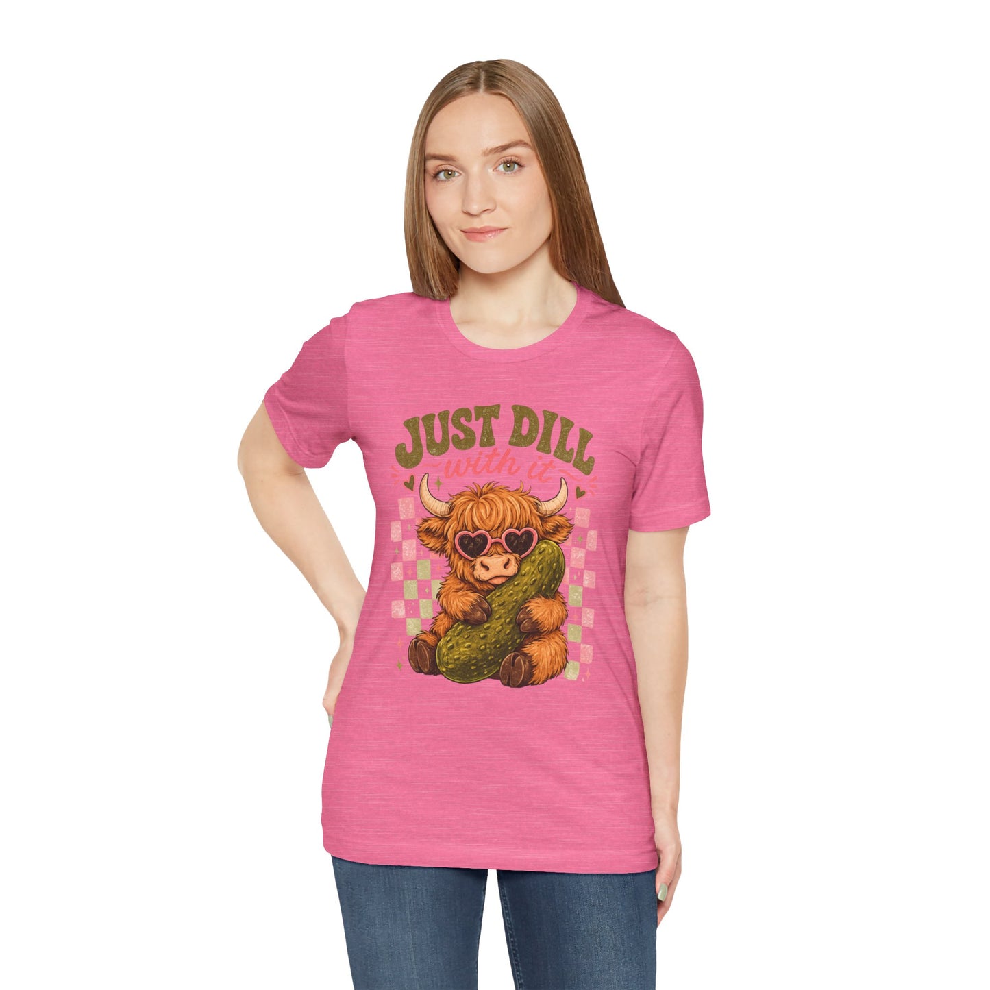 Just Dill With It Tee — Cute Highland Cow Hugging Pickle Graphic T‑Shirt