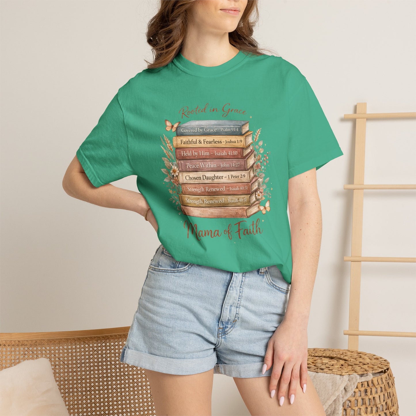 Mama of Faith Book Stack T‑Shirt — Rooted in Grace Christian Mother's Tee