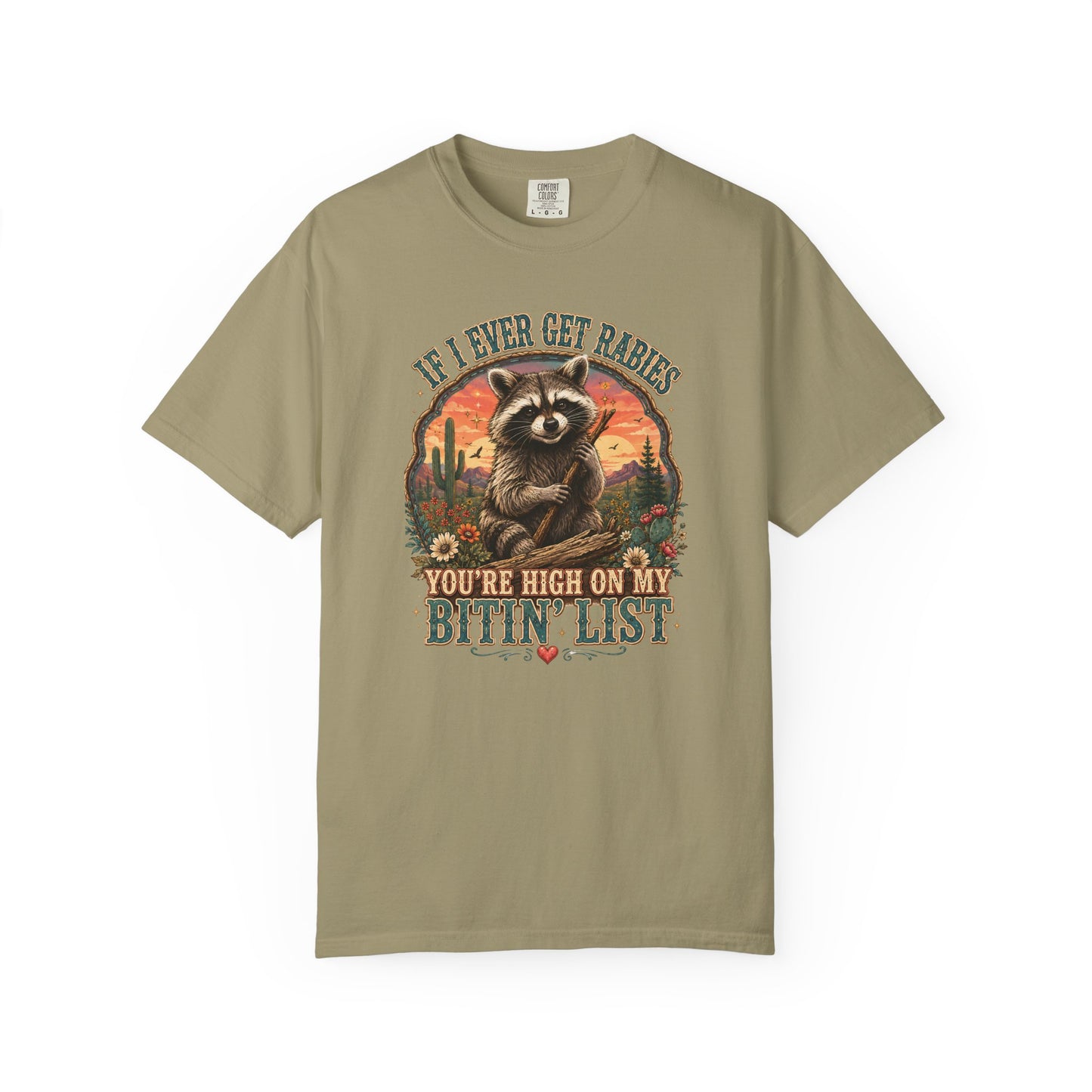 Raccoon Sunset T‑Shirt — “If I Ever Get Riches You’re High On My Bitin’ List” Funny Retro Graphic Tee