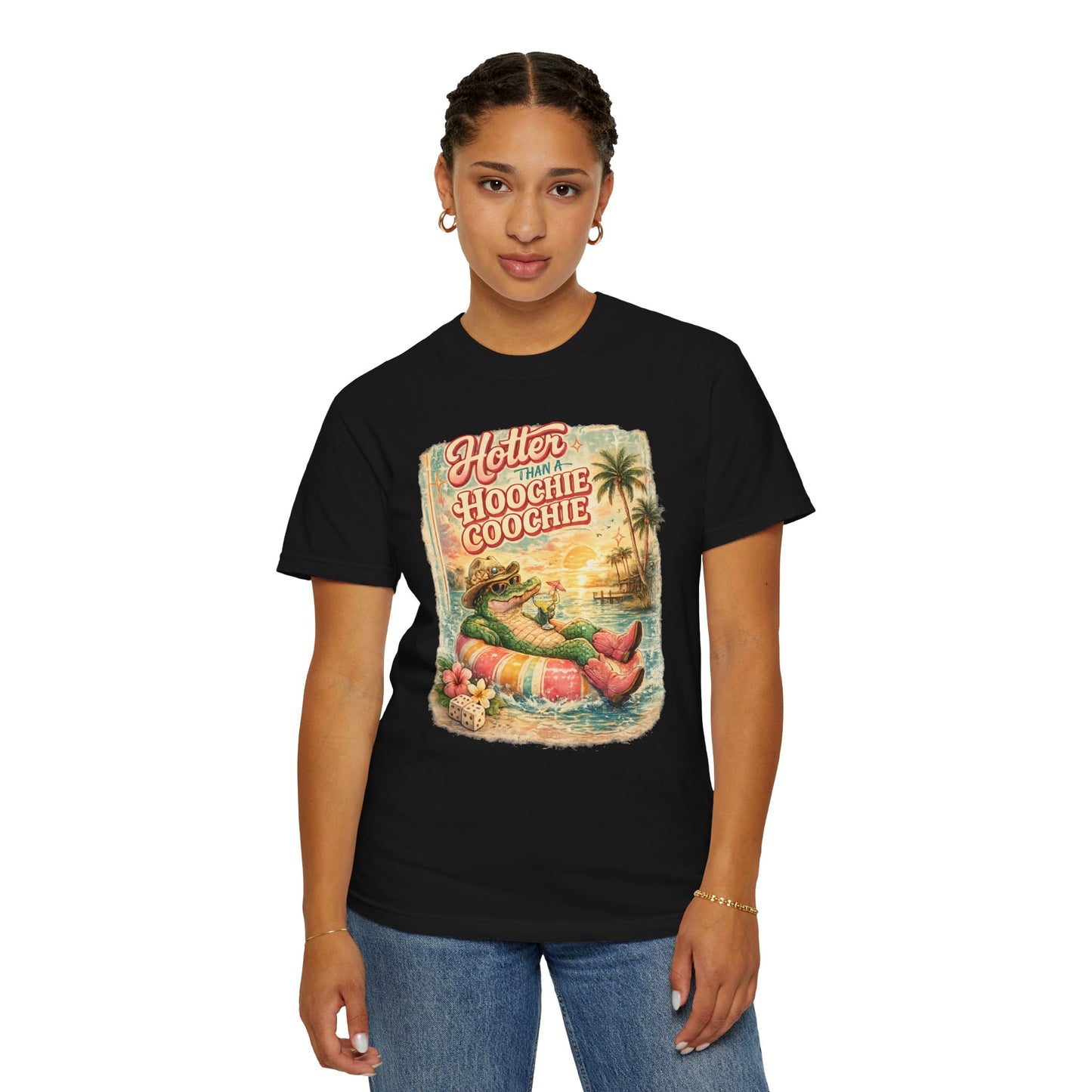 "Hotter Than a Hoochie Coochie" Retro Alligator Beach Graphic