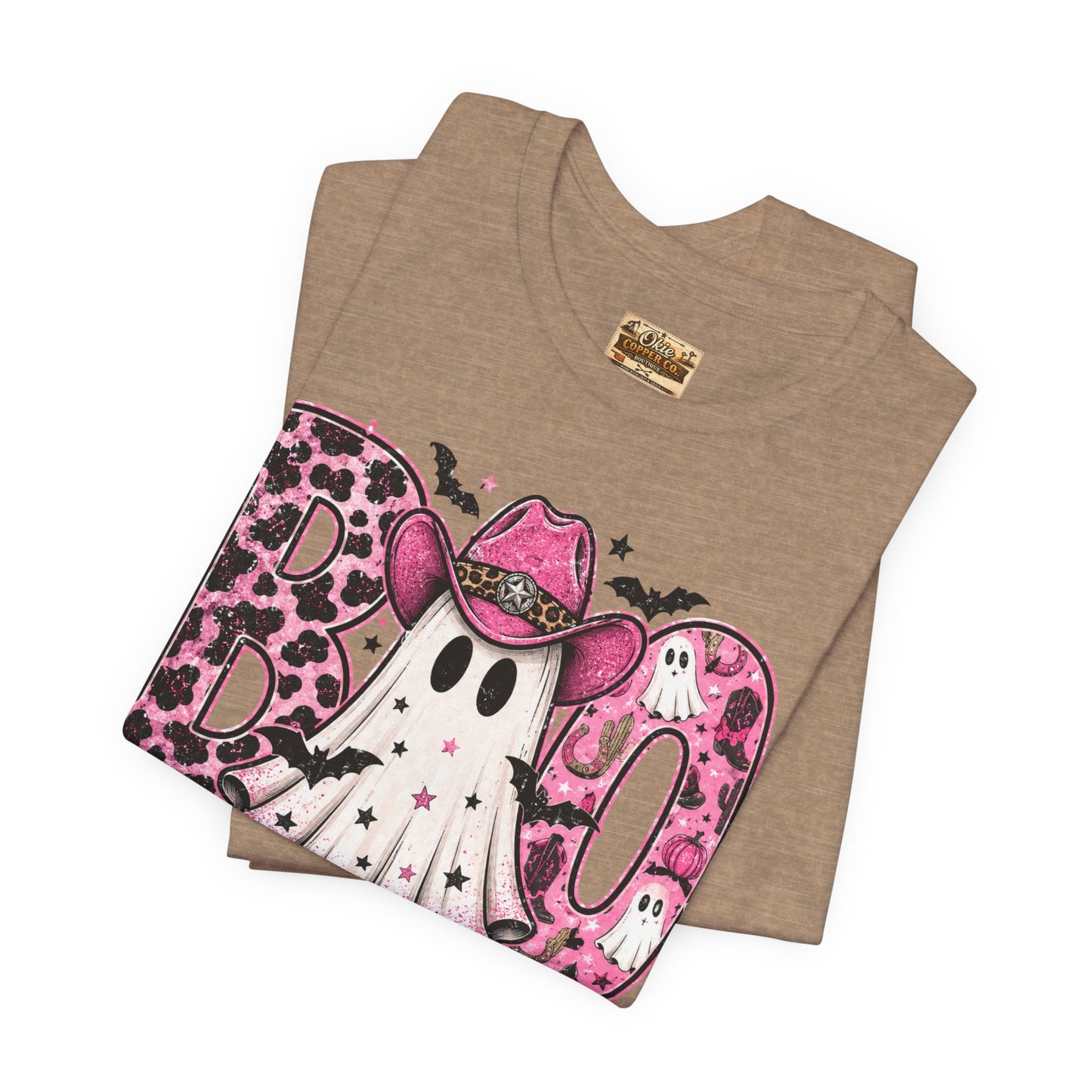 Boo Pink Leopard Ghost Tee — Cute Cowgirl Halloween T-Shirt