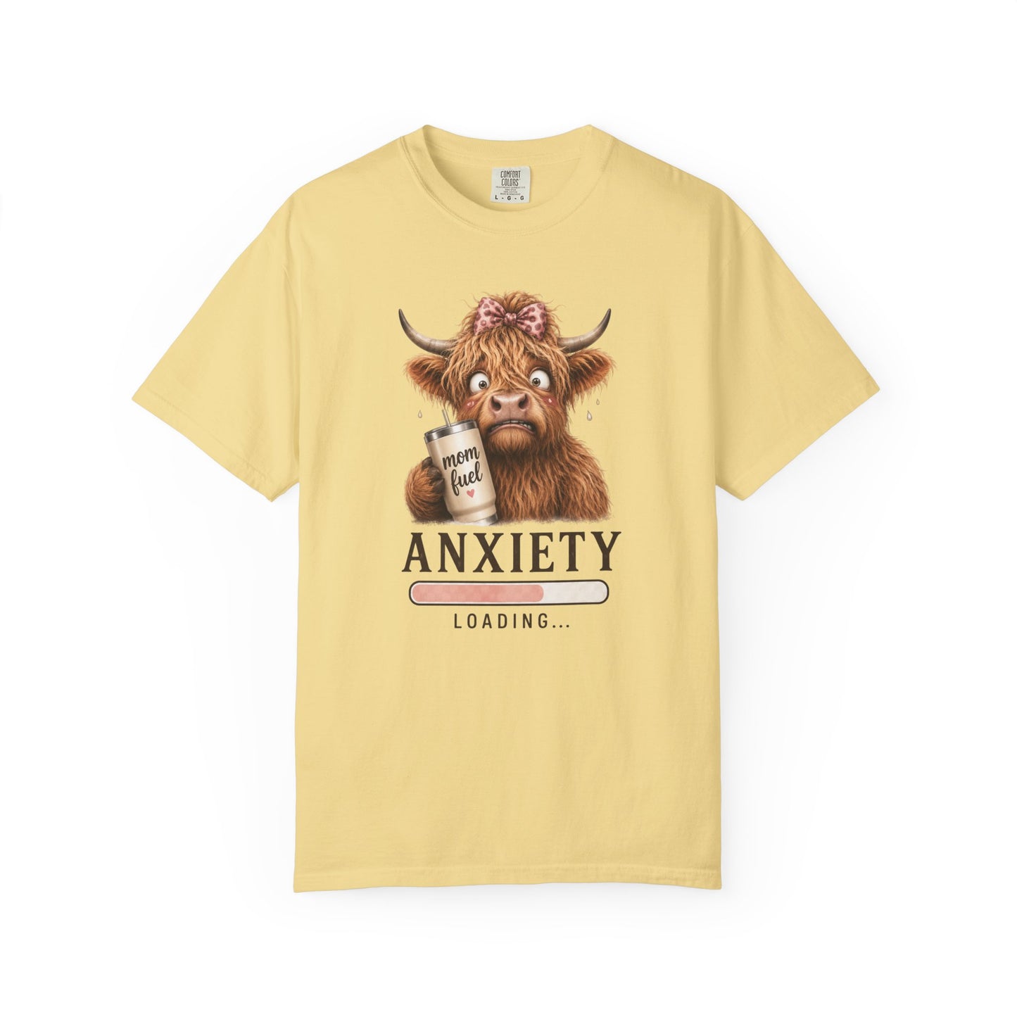 Anxiety Loading T-Shirt — Cute Highland Cow with 'Mom Fuel' Mug
