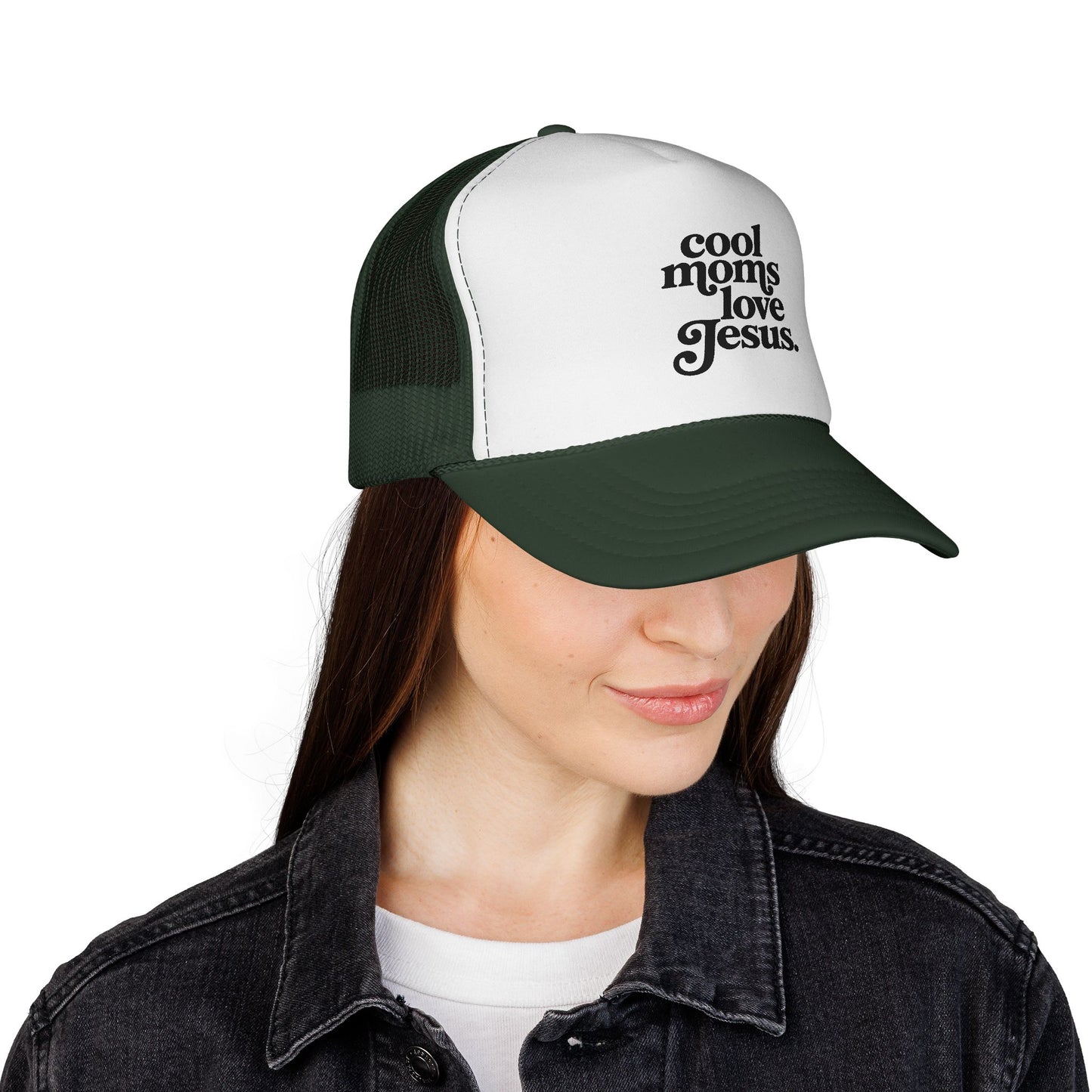 Trucker Cap — "Cool Moms Love Jesus" Retro Script Faith Hat