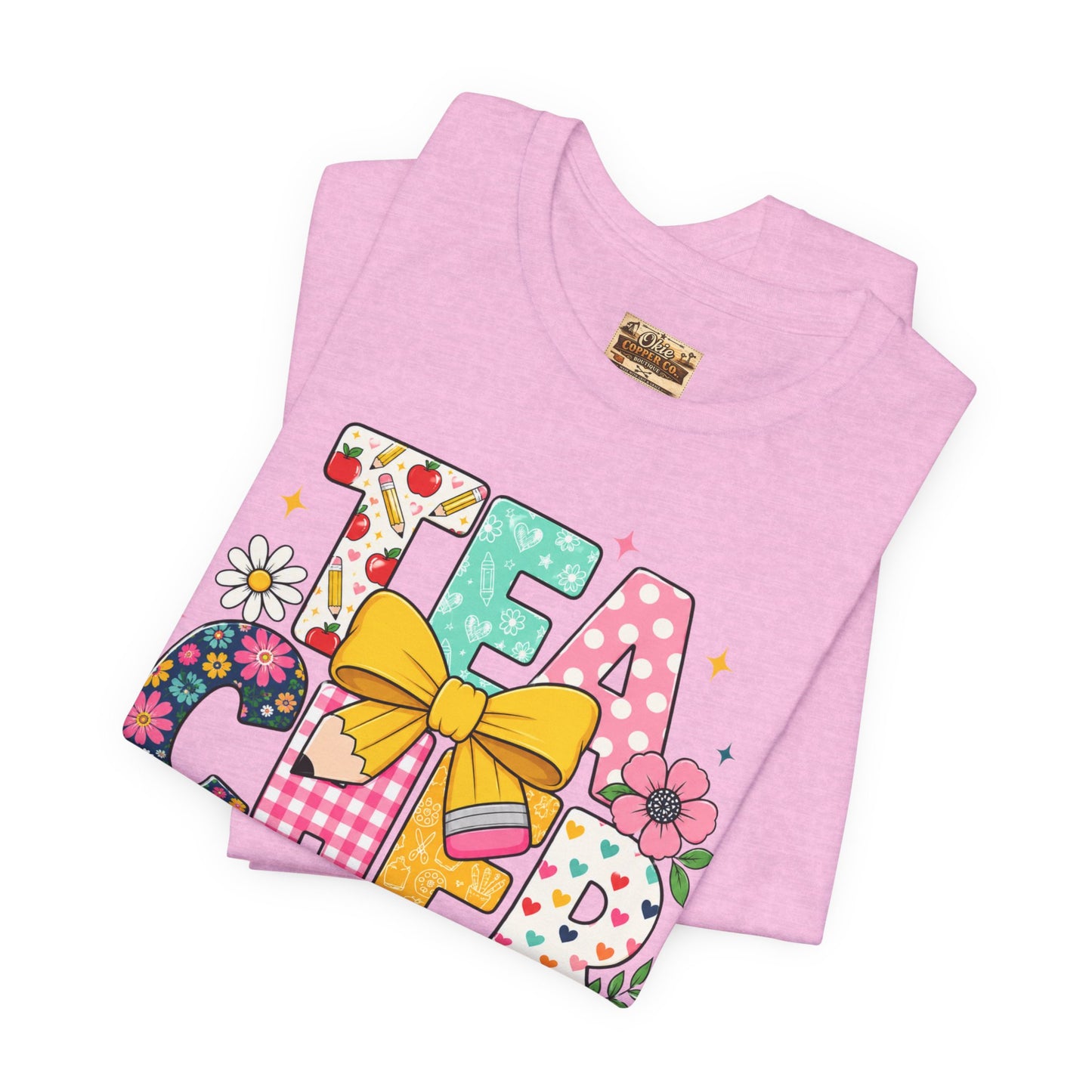 Teacher Floral Bow T-Shirt — Cute 'Teach er' Colorful School Shirt for Teachers