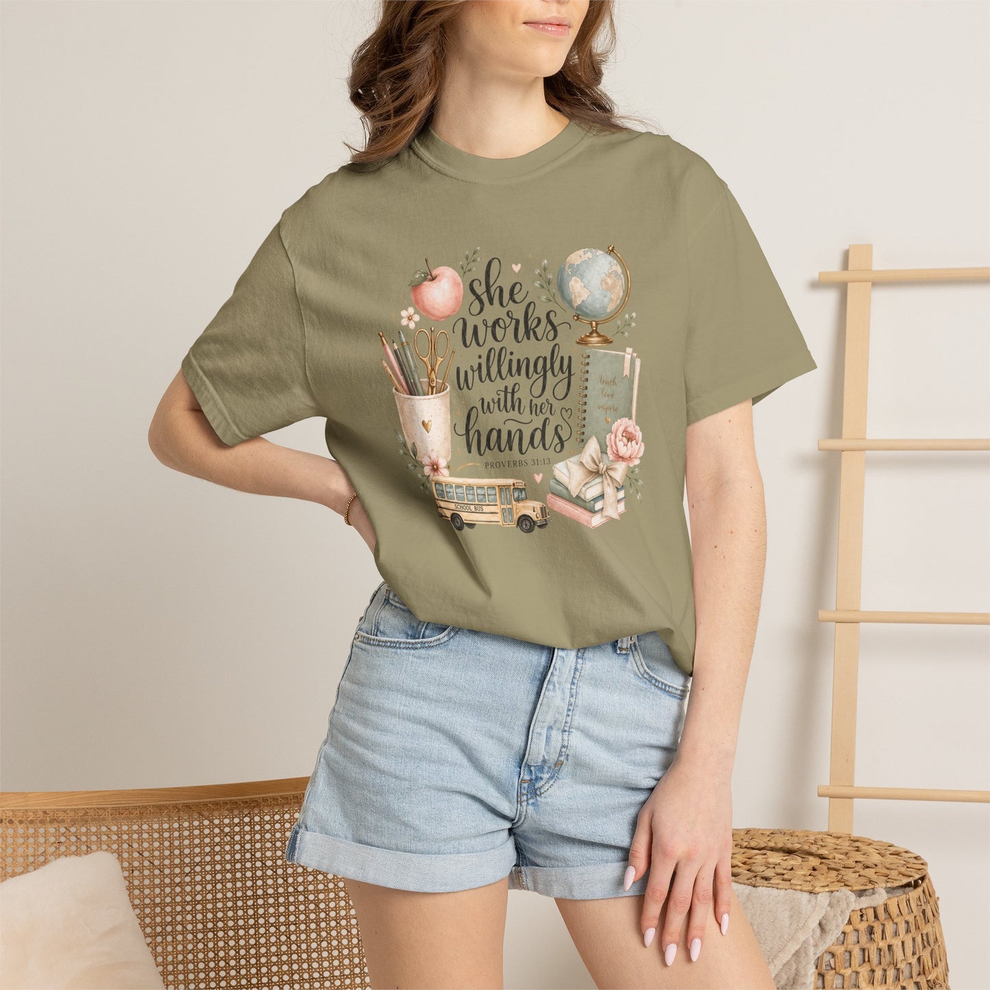 Teacher T-Shirt — "She Works Willingly With Her Hands" Cozy Classroom Gift
