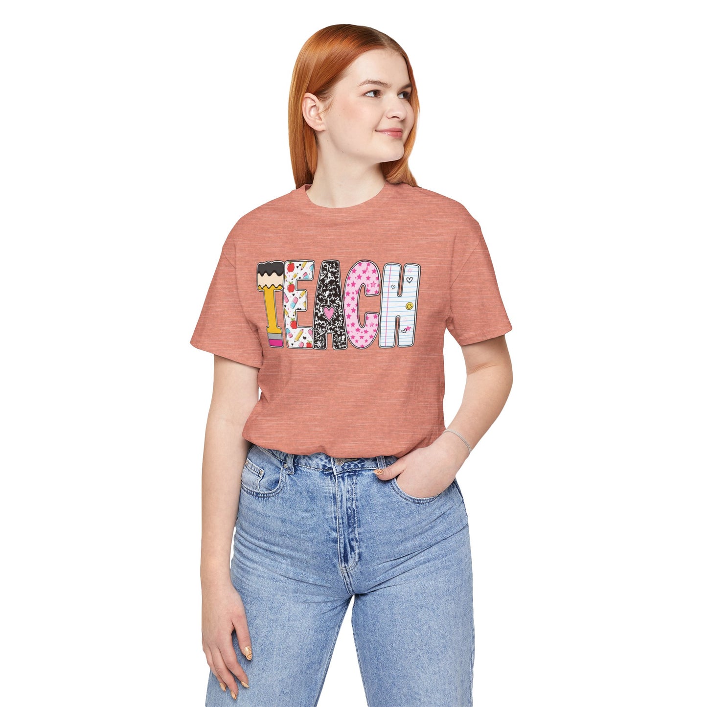 Teach Colorblock Graphic Tee – Cute Patterned Teacher T-Shirt