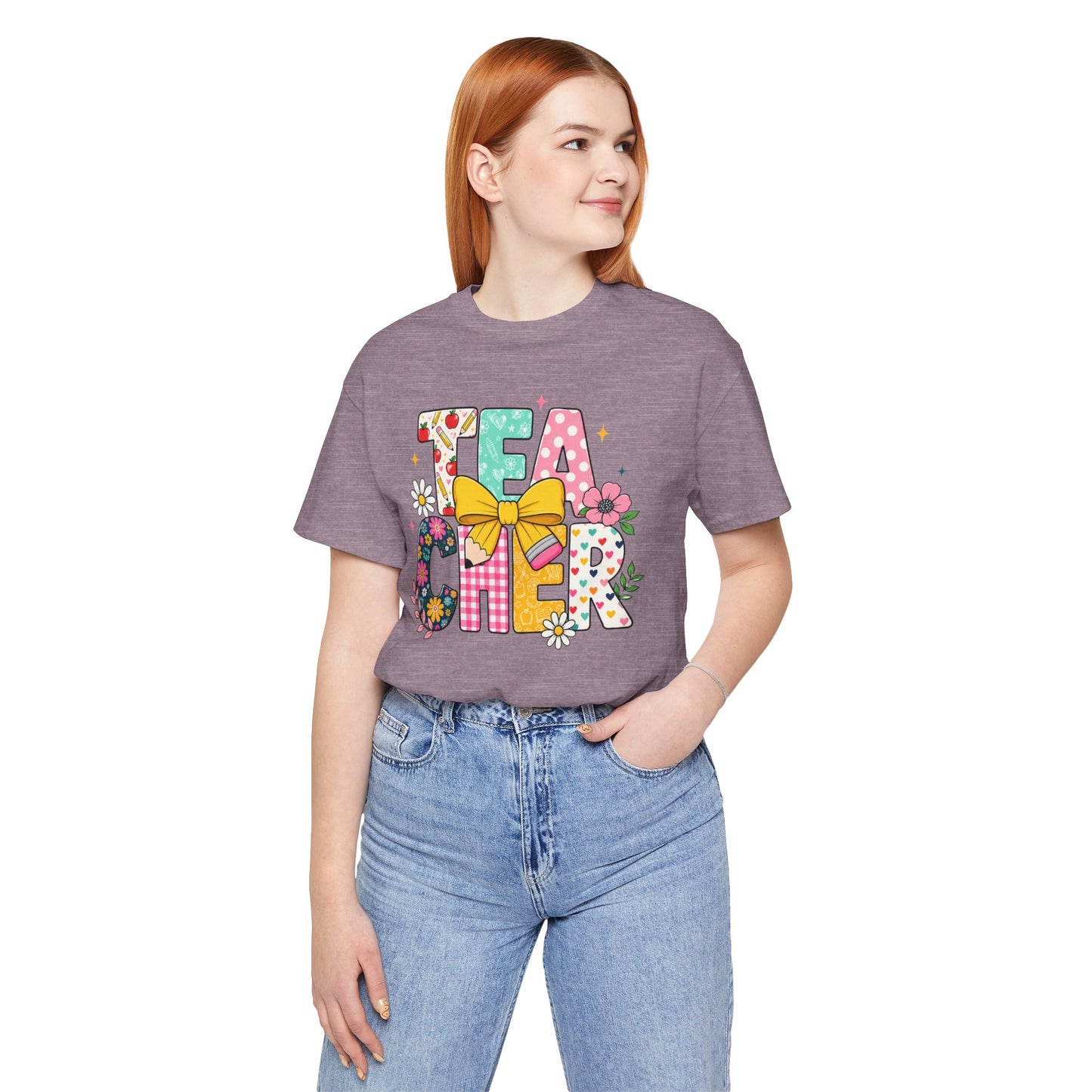 Teacher Floral Bow T-Shirt — Cute 'Teach er' Colorful School Shirt for Teachers