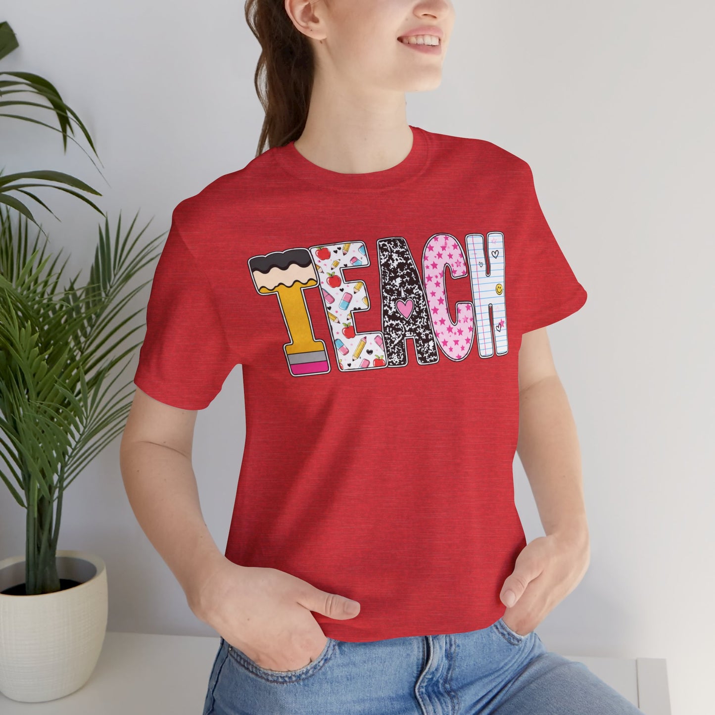 Teach Colorblock Graphic Tee – Cute Patterned Teacher T-Shirt