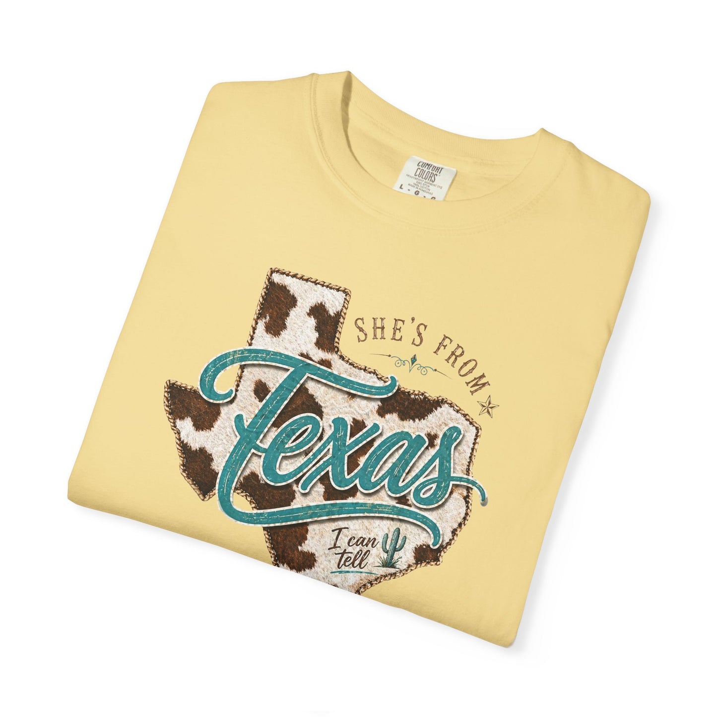 Texas Cowhide Graphic T-Shirt — "She's From Texas" Retro Western Tee