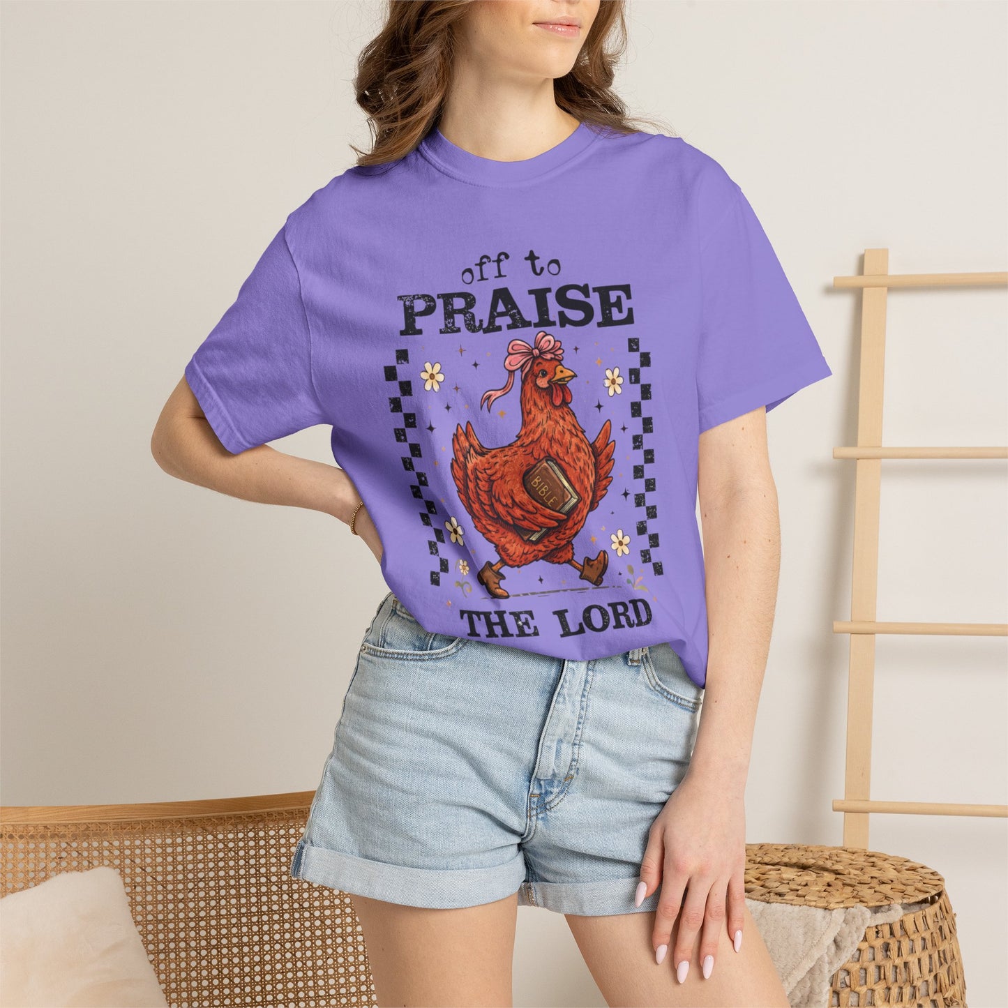 Praise the Lord Chicken T-Shirt — 'Off to Praise the Lord' Vintage Farmhouse Tee