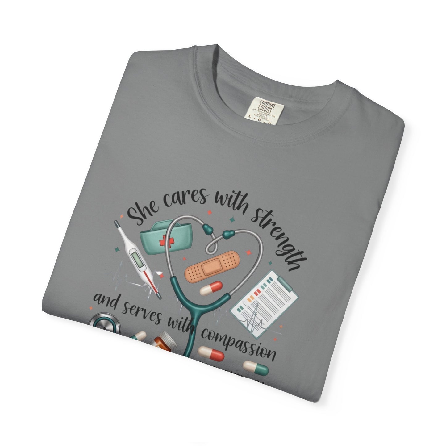 Nurse Heartbeat Graphic T-Shirt — "She Cares with Strength" Psalm 31 Christian Tee