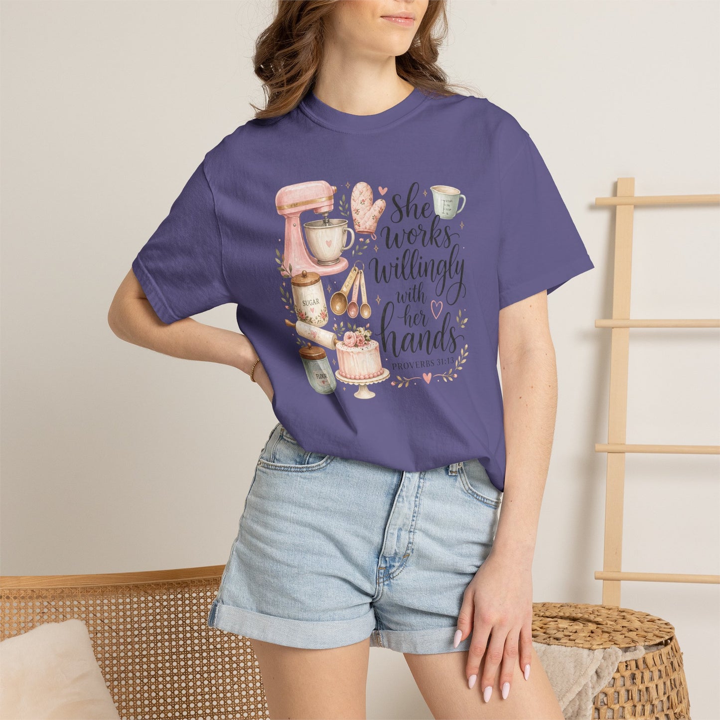 Baker’s Kitchen T-Shirt — “She Works Willingly With Her Hands” Floral Baking Design