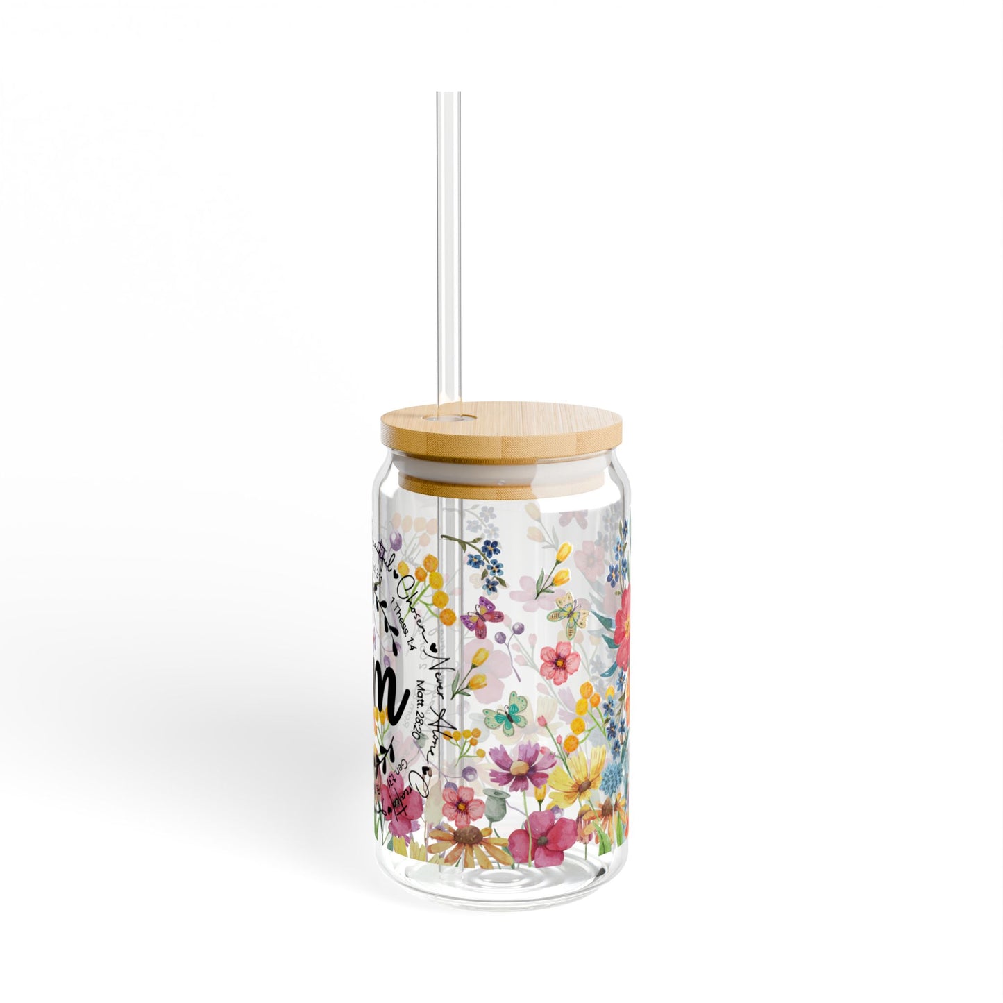 Floral 'I Am' 16oz Sipper Glass – Inspirational Reusable Tumbler with Bamboo Lid & Straw