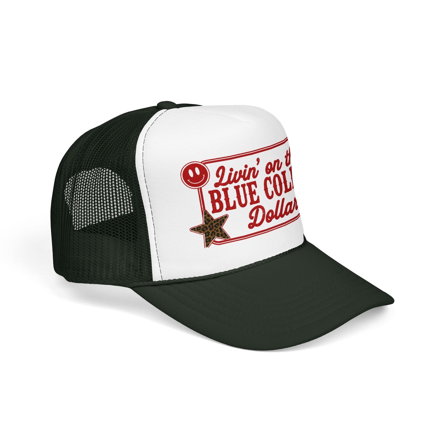 Livin' On That Blue Collar Dollar Foam Trucker Hat — Retro Workwear Cherry Patch
