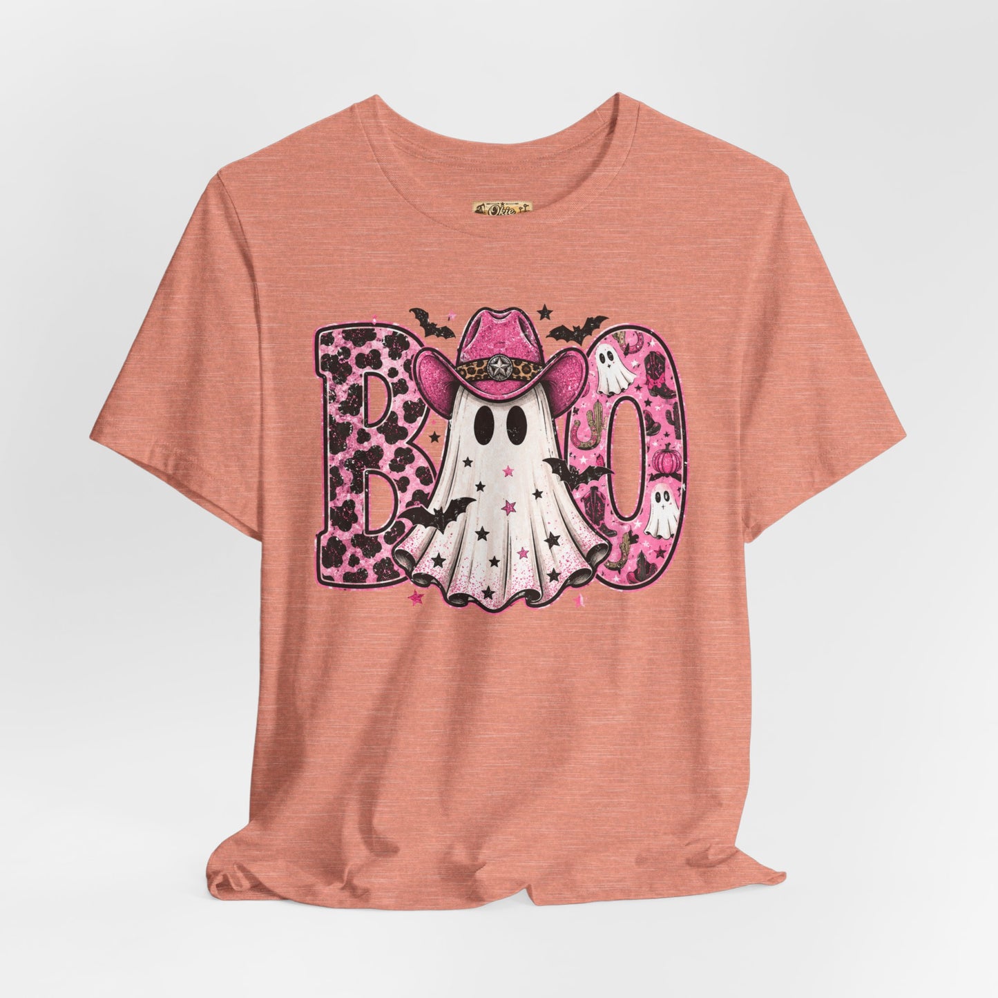 Boo Pink Leopard Ghost Tee — Cute Cowgirl Halloween T-Shirt