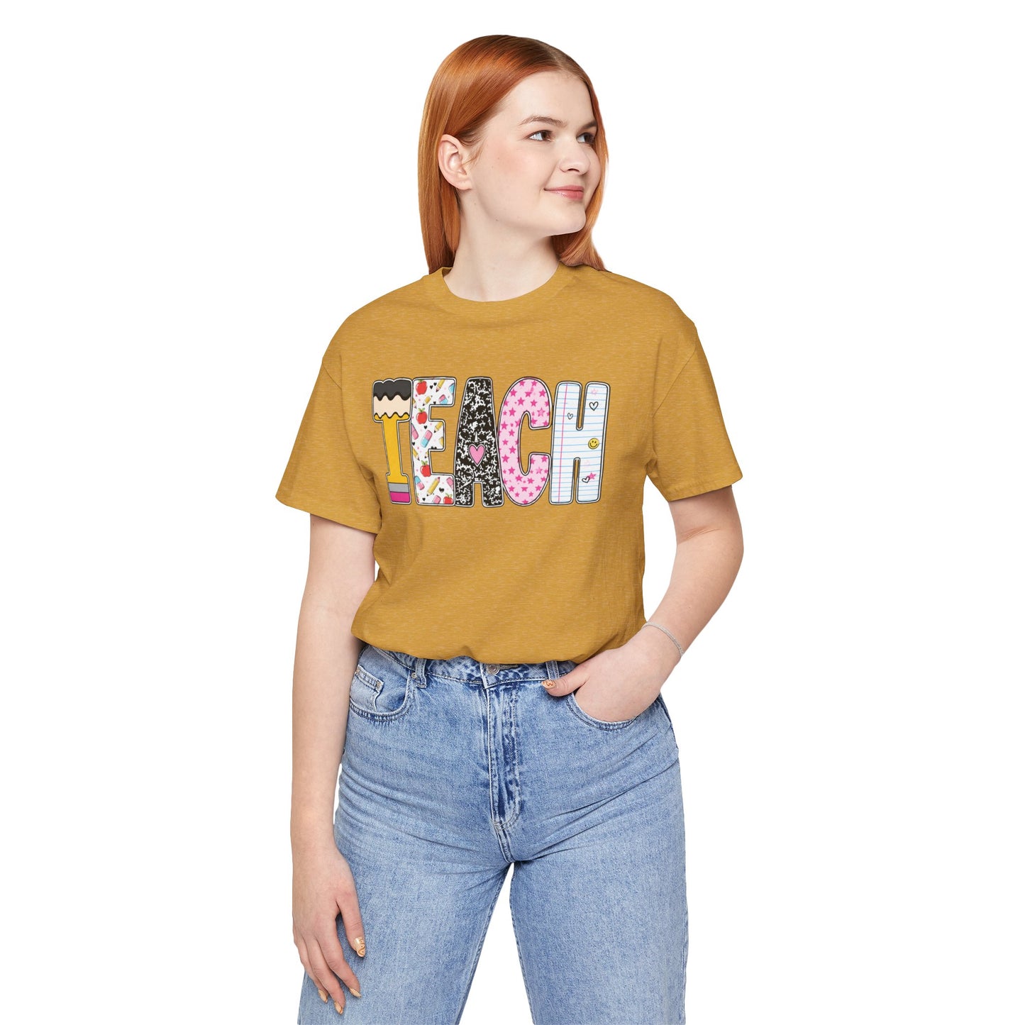 Teach Colorblock Graphic Tee – Cute Patterned Teacher T-Shirt