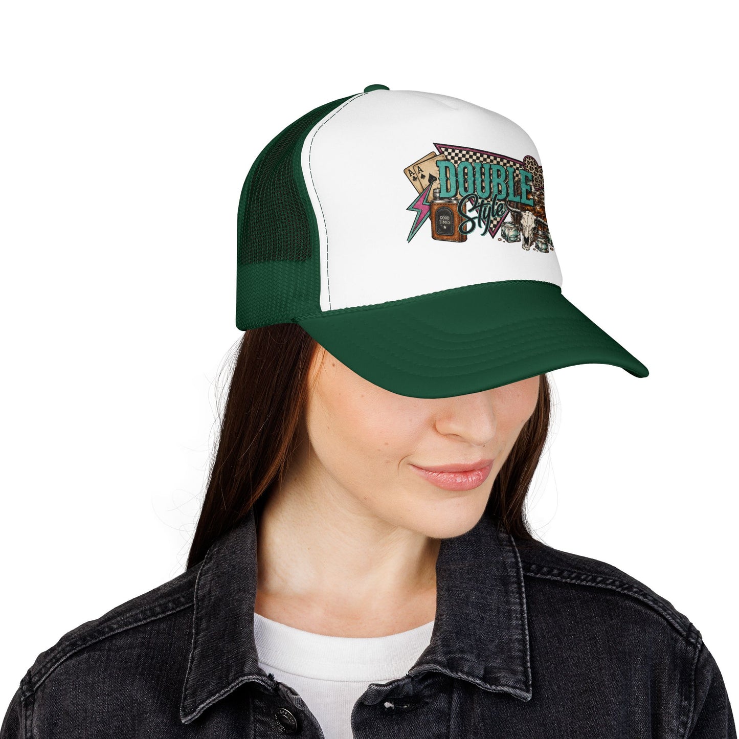 Double Shot Retro Foam Trucker Hat — Vintage Neon Coffee & Camera Patch