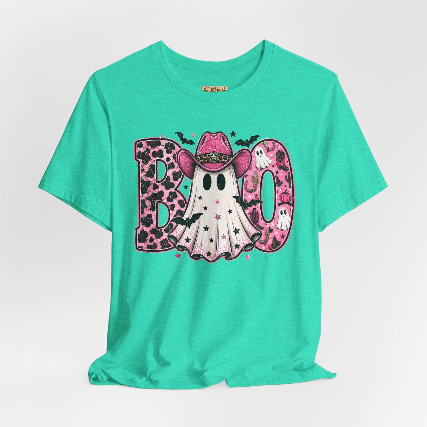 Boo Pink Leopard Ghost Tee — Cute Cowgirl Halloween T-Shirt