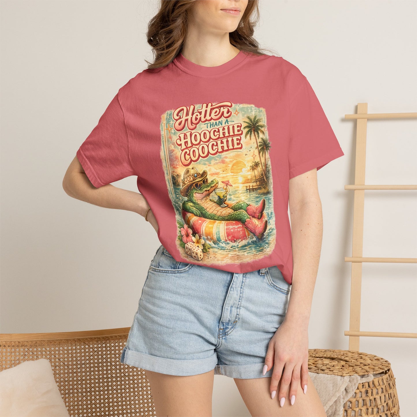 "Hotter Than a Hoochie Coochie" Retro Alligator Beach Graphic