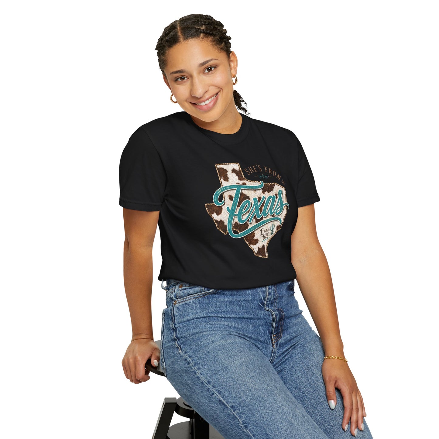 Texas Cowhide Graphic T-Shirt — "She's From Texas" Retro Western Tee