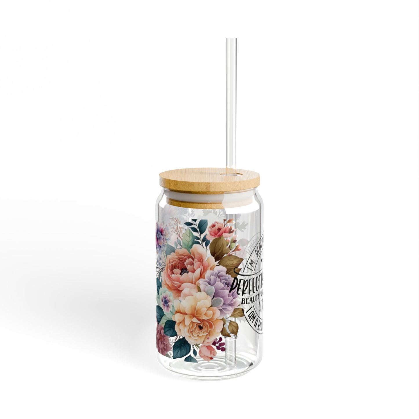 Floral Sipper Glass - 16oz Mason Jar Tumbler with Straw, 'Perfectly Imperfect' Inspirational Design