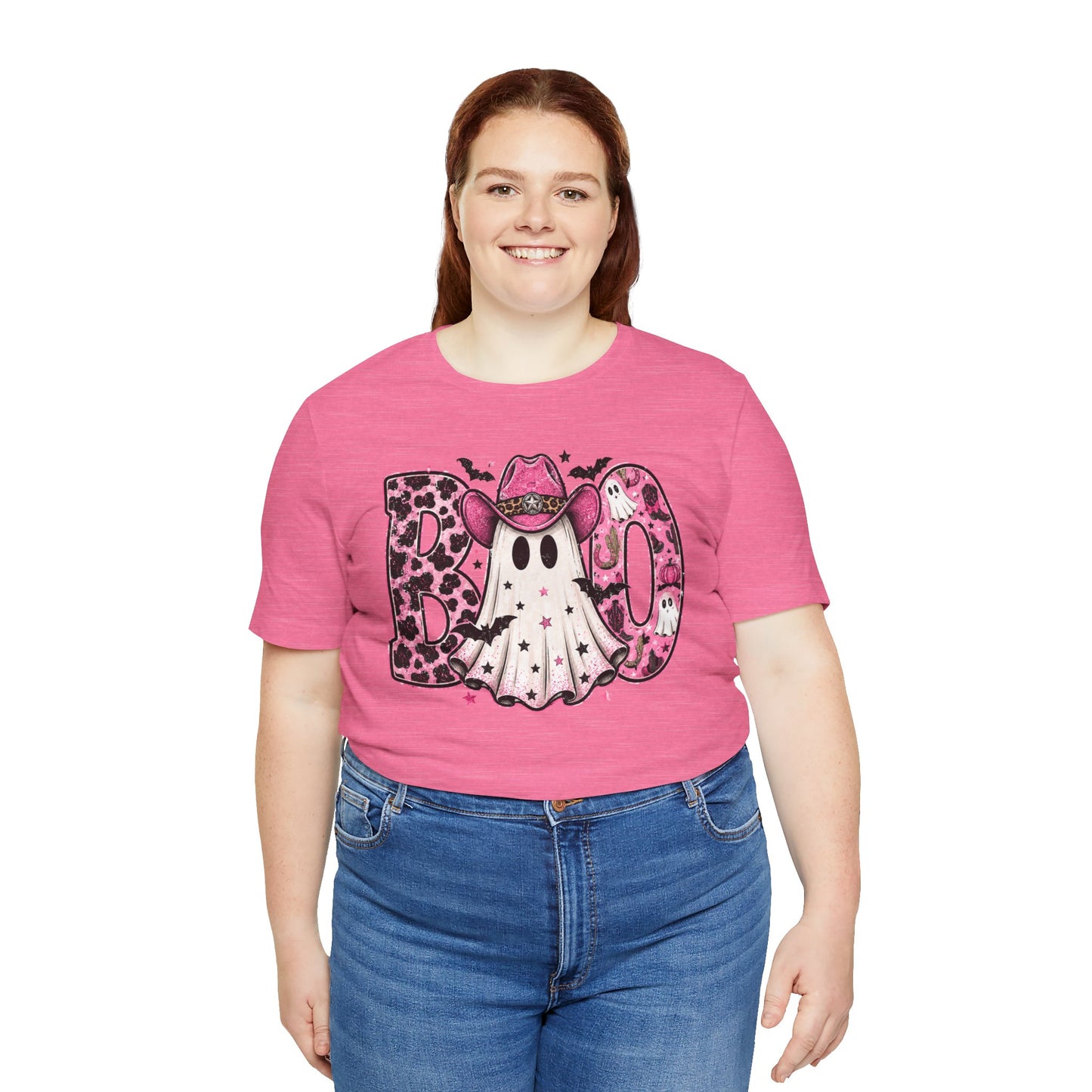 Boo Pink Leopard Ghost Tee — Cute Cowgirl Halloween T-Shirt