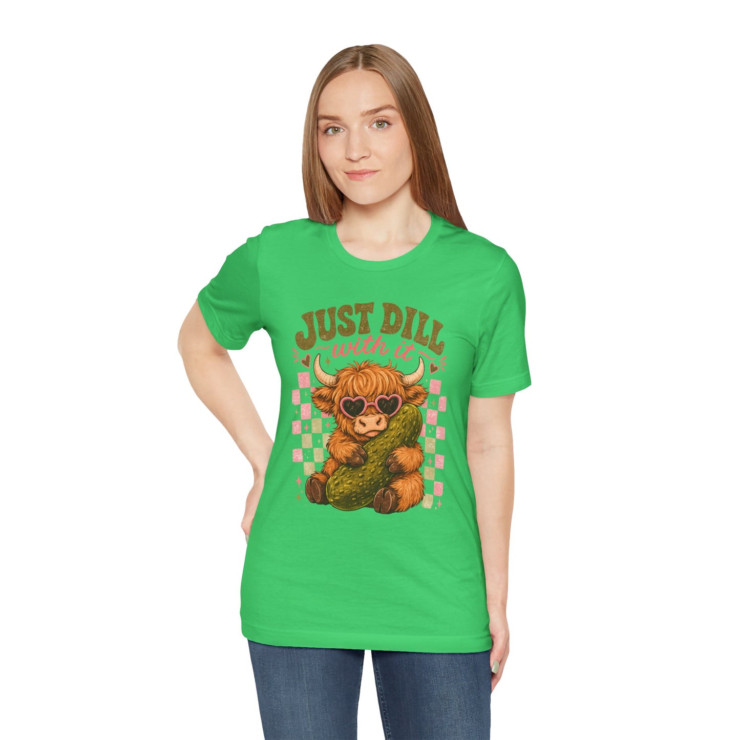 Just Dill With It Tee — Cute Highland Cow Hugging Pickle Graphic T‑Shirt