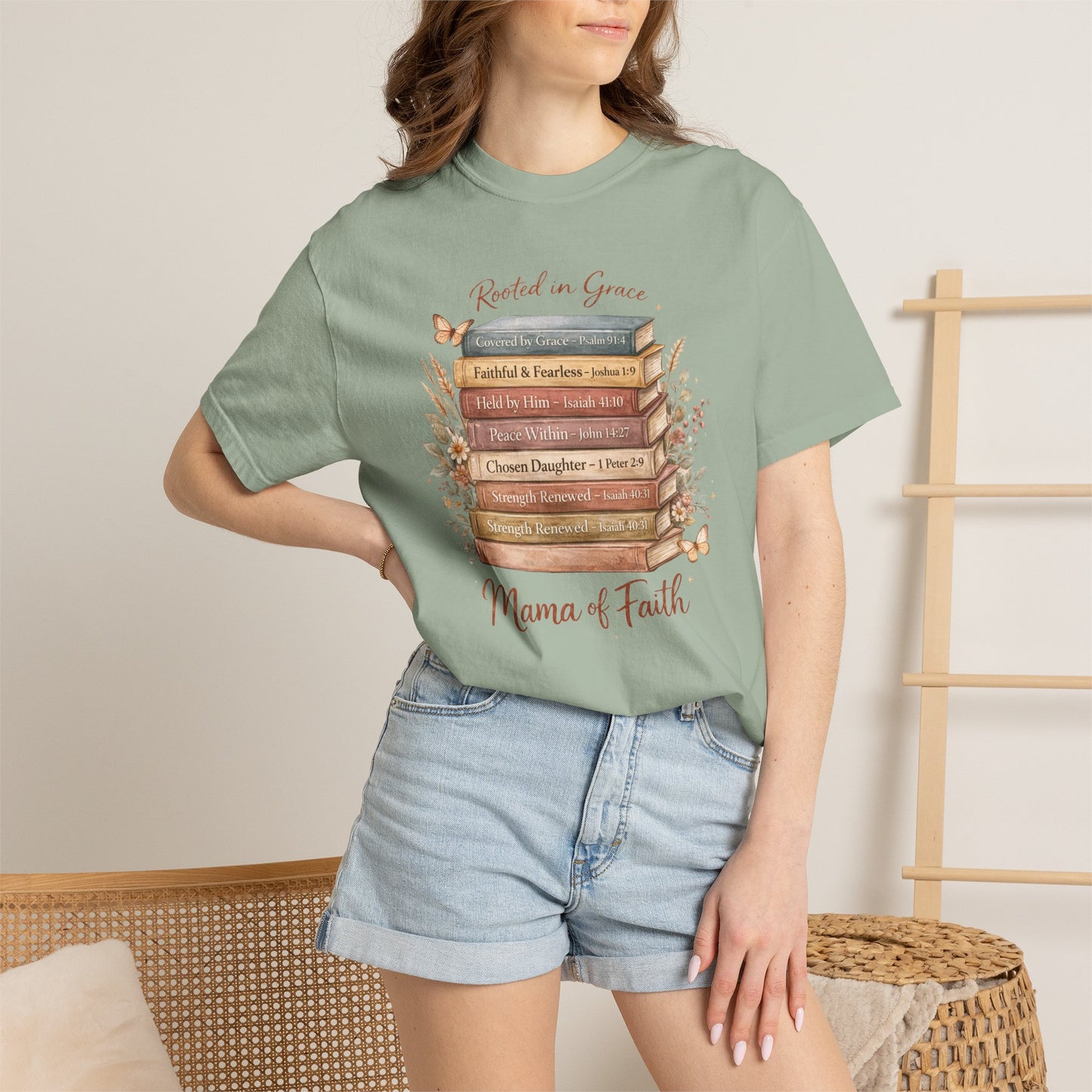 Mama of Faith Book Stack T‑Shirt — Rooted in Grace Christian Mother's Tee