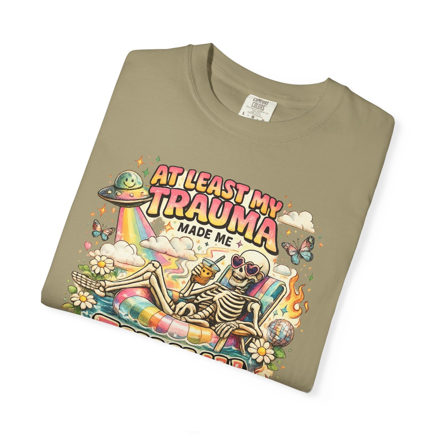 Funny Skeleton Graphic T-Shirt — "At Least My Trauma Made Me Funny"
