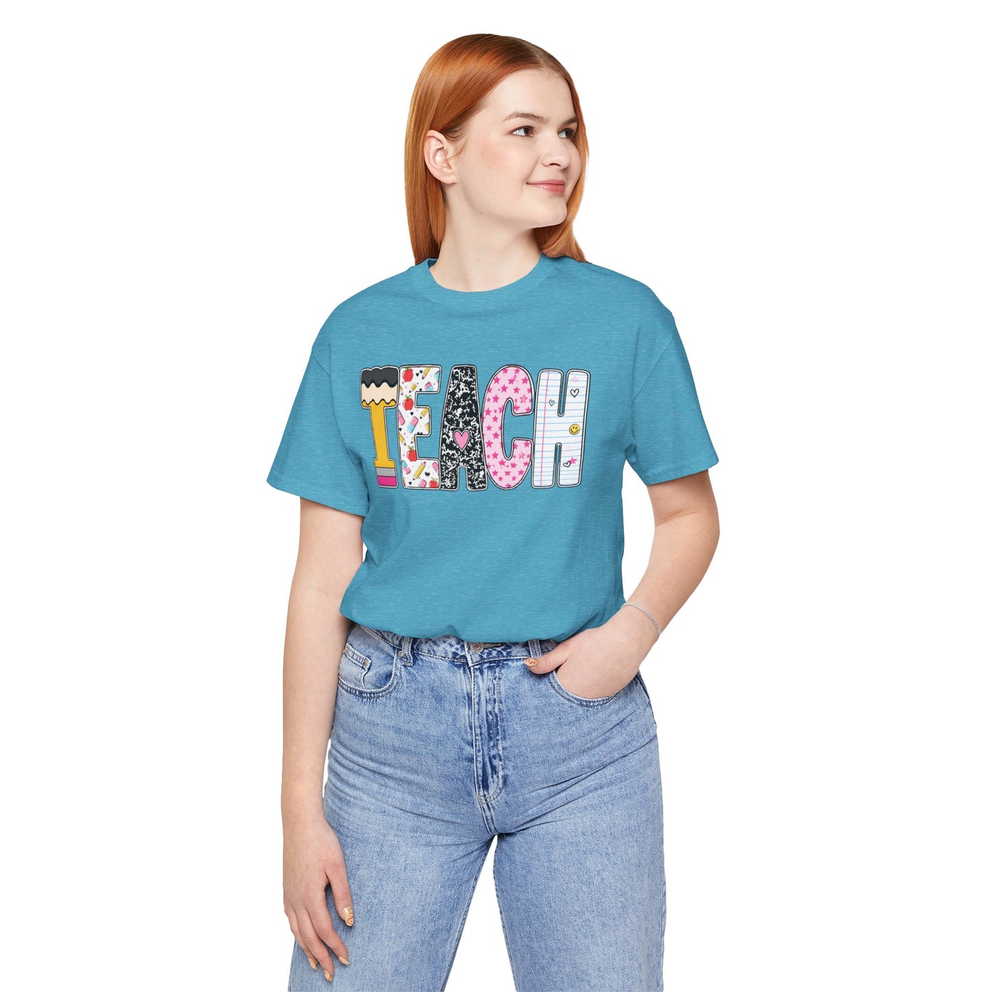 Teach Colorblock Graphic Tee – Cute Patterned Teacher T-Shirt