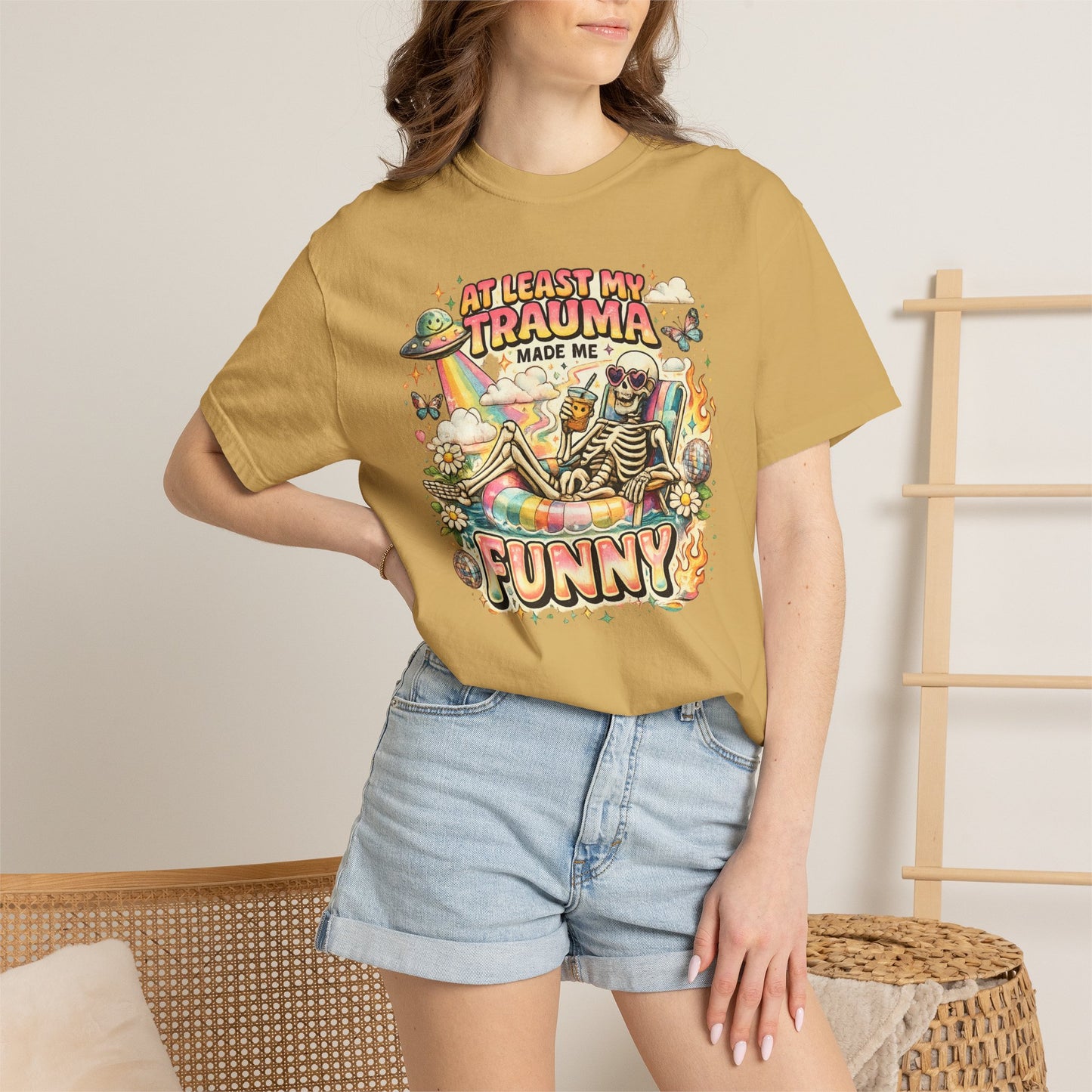 Funny Skeleton Graphic T-Shirt — "At Least My Trauma Made Me Funny"
